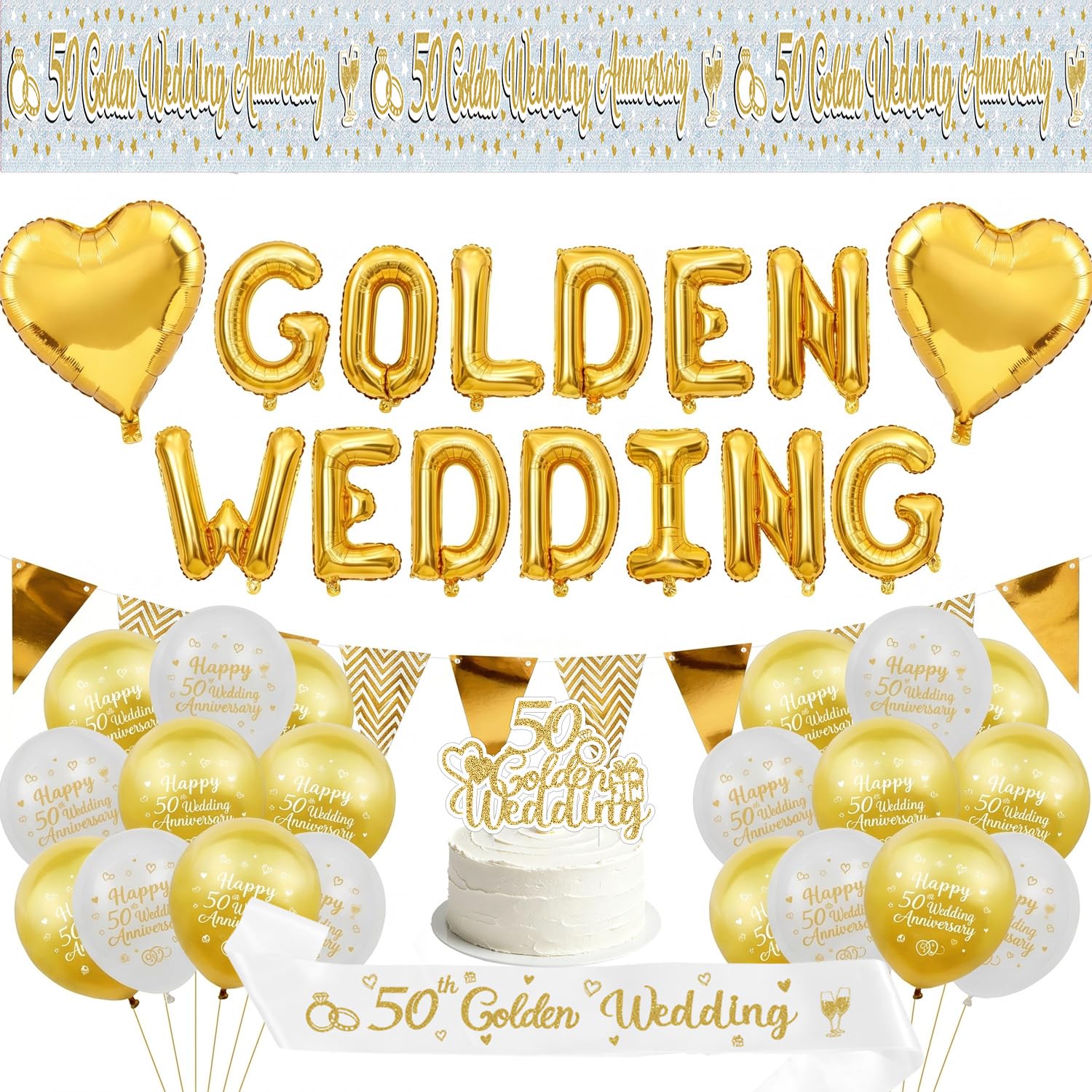 Luvart Happy Anniversary Banner Decorations - Happy Anniversary Balloons Wedding Decorations, for 50th Wedding Celebrations Decor Sashes Cake Topper Bunting