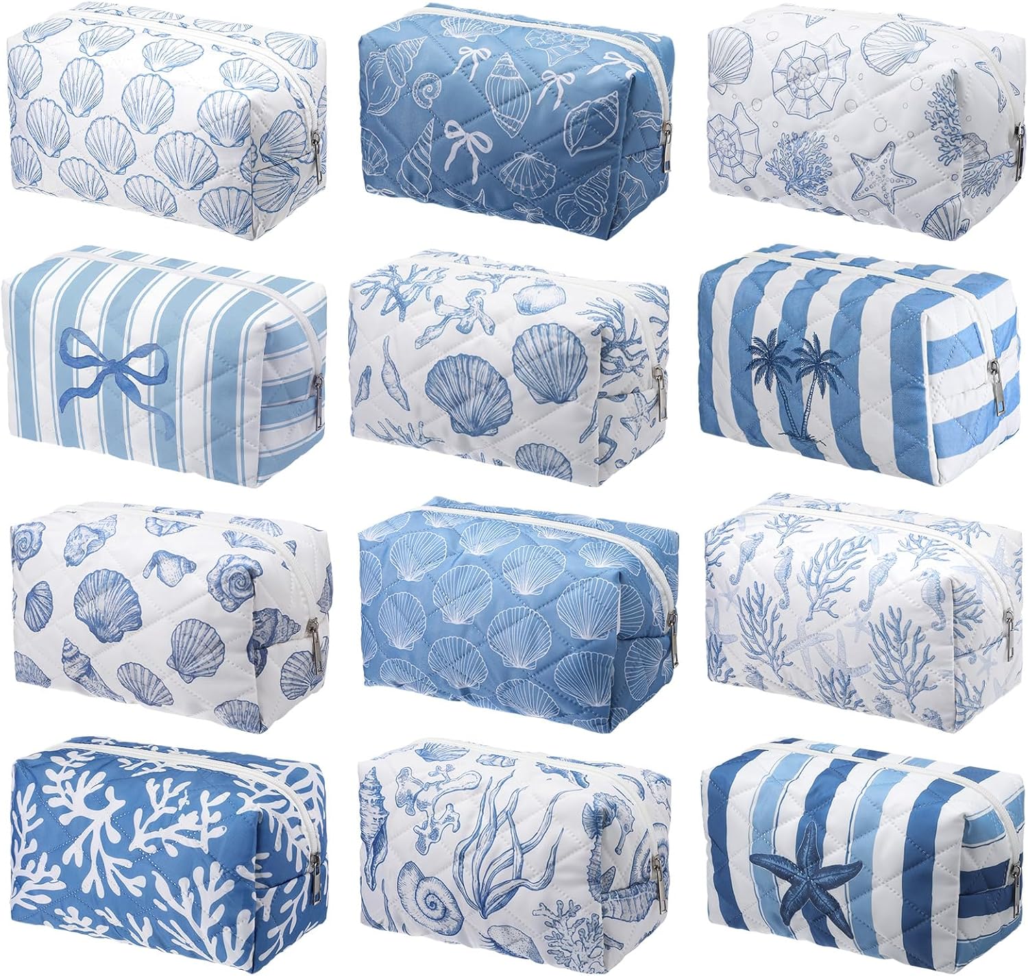 Hillban 12 Pcs Ocean Quilted Cosmetic Bag Bulk for Women Beach Themed Zipper Pouch Makeup Bag Travel Toiletry Zipper Pouch Ocean Survival Kit Organizer Pouches Coastal Party Favors