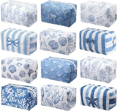 Hillban 12 Pcs Seashell Quilted Cosmetic Bag Bulk for Women Summer Beach Makeup Bag Seashell Themed Zipper Pouch Travel Toiletry Pouch Beach Kit Organizer Pouches Ocean Coastal Party Favor
