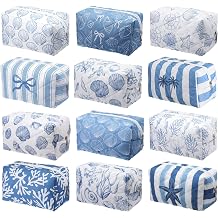 Hillban 12 Pcs Seashell Quilted Cosmetic Bag Bulk for Women Summer Beach Makeup Bag Seashell Themed Zipper Pouch Travel Toiletry Pouch Beach Kit Organizer Pouches Ocean Coastal Party Favor