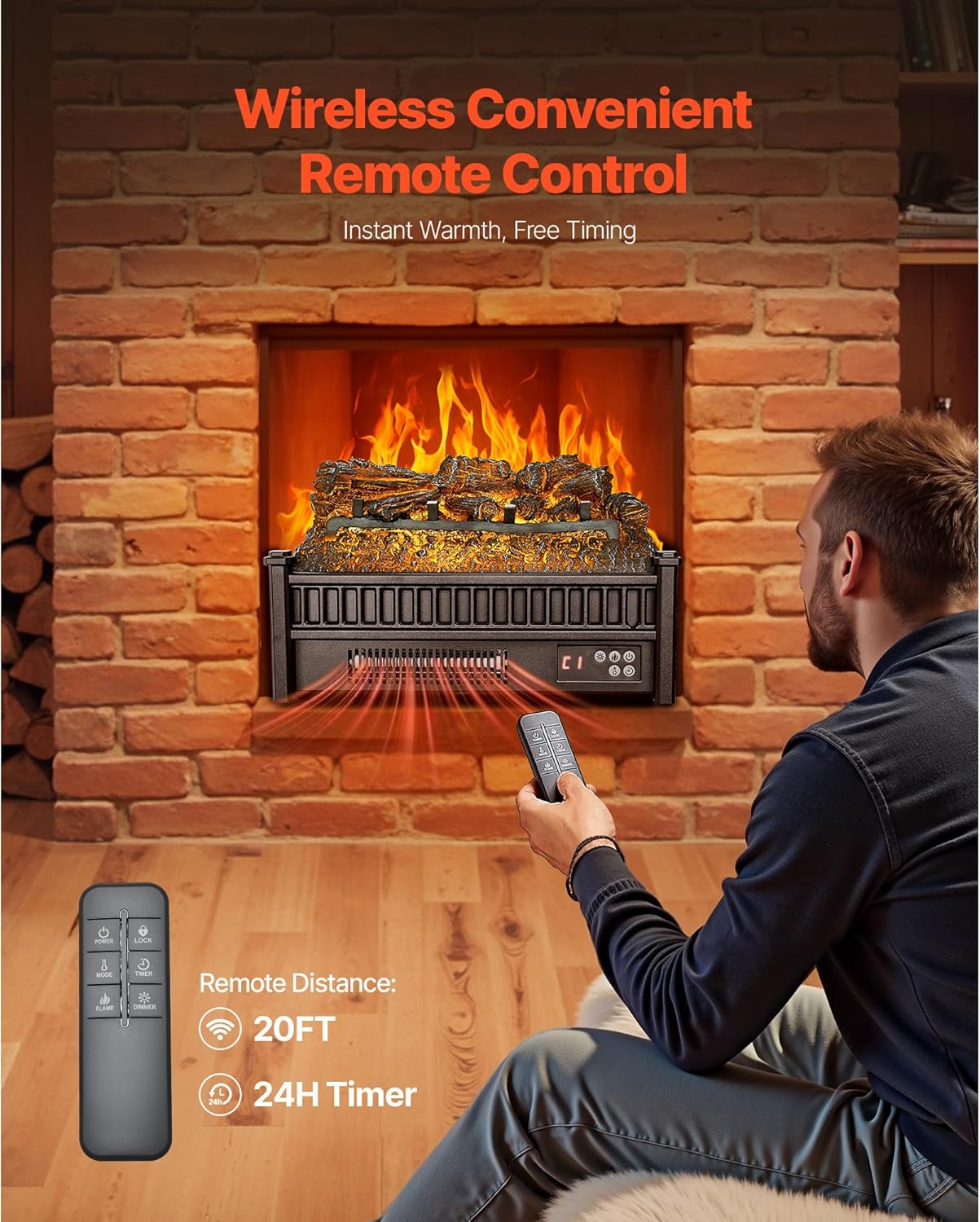 VEVOR 20 Inch Electric Fireplace Log Heater, Fireplace Insert with Remote Control, 5 Flame Brightness Levels, Thermostat, 24H Timer, Overheat Protection, for Home and Office Decor, Black