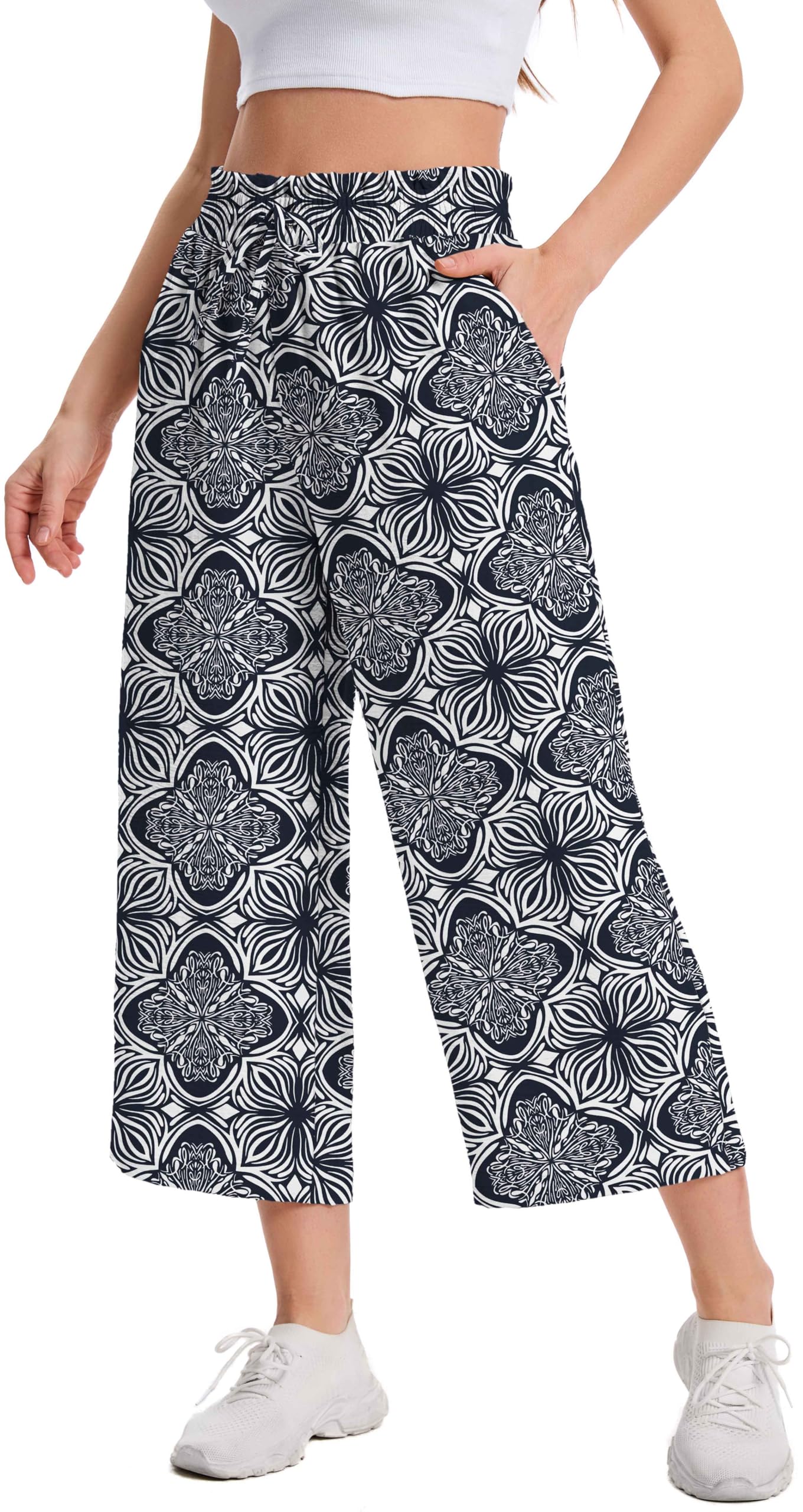 WUWUSKY Damen 3/4 Culotte Hose Leichte Sommerhose mit Taschen | Atmungsaktives Stoff Caprihose für Damen