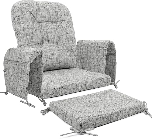 SINOSSO Glider Rocker Cushion Set (5 Pcs), Soft Blended Fabric High-Density Support Foam Seat Cushions with Ties, Fits Rocking Chair/Nursery Glider & Ottoman, White