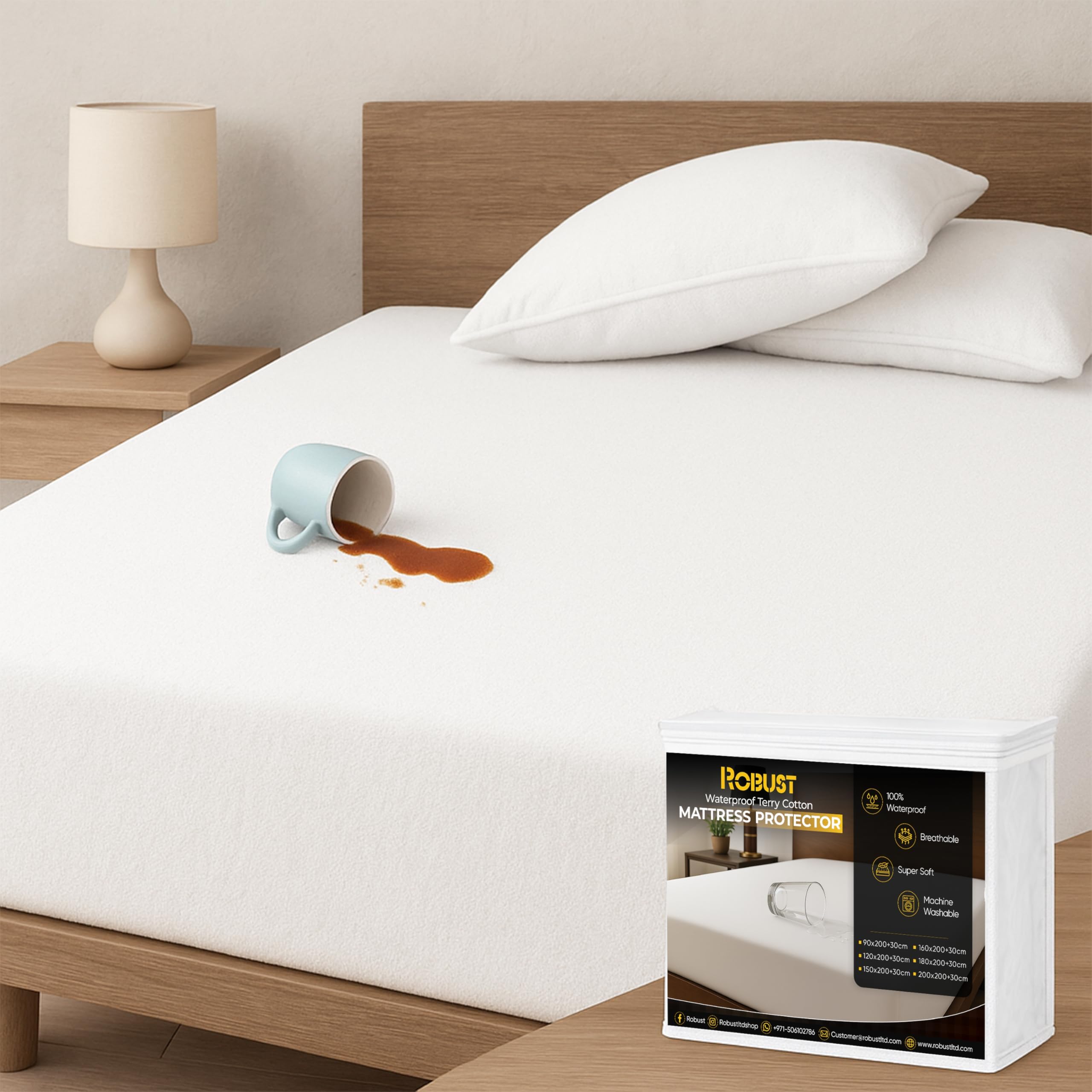 100% Waterproof Mattress Protector – Soft Cotton Terry, Breathable & Noiseless Cover, Hypoallergenic Dust Mite Protection, Deep Pocket Fitted, Machine Washable Bed Protector Queen (160×200 cm)