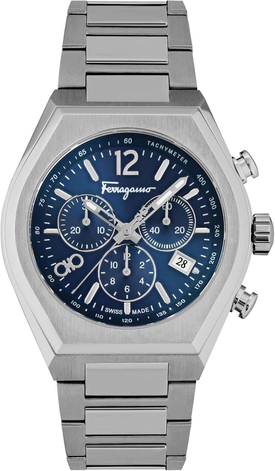 Ferragamo Tonneau Chrono Collection Luxury Mens Watch Timepieces with a Silver Strap Featuring a Stainless Steel Case and a Blue Dial