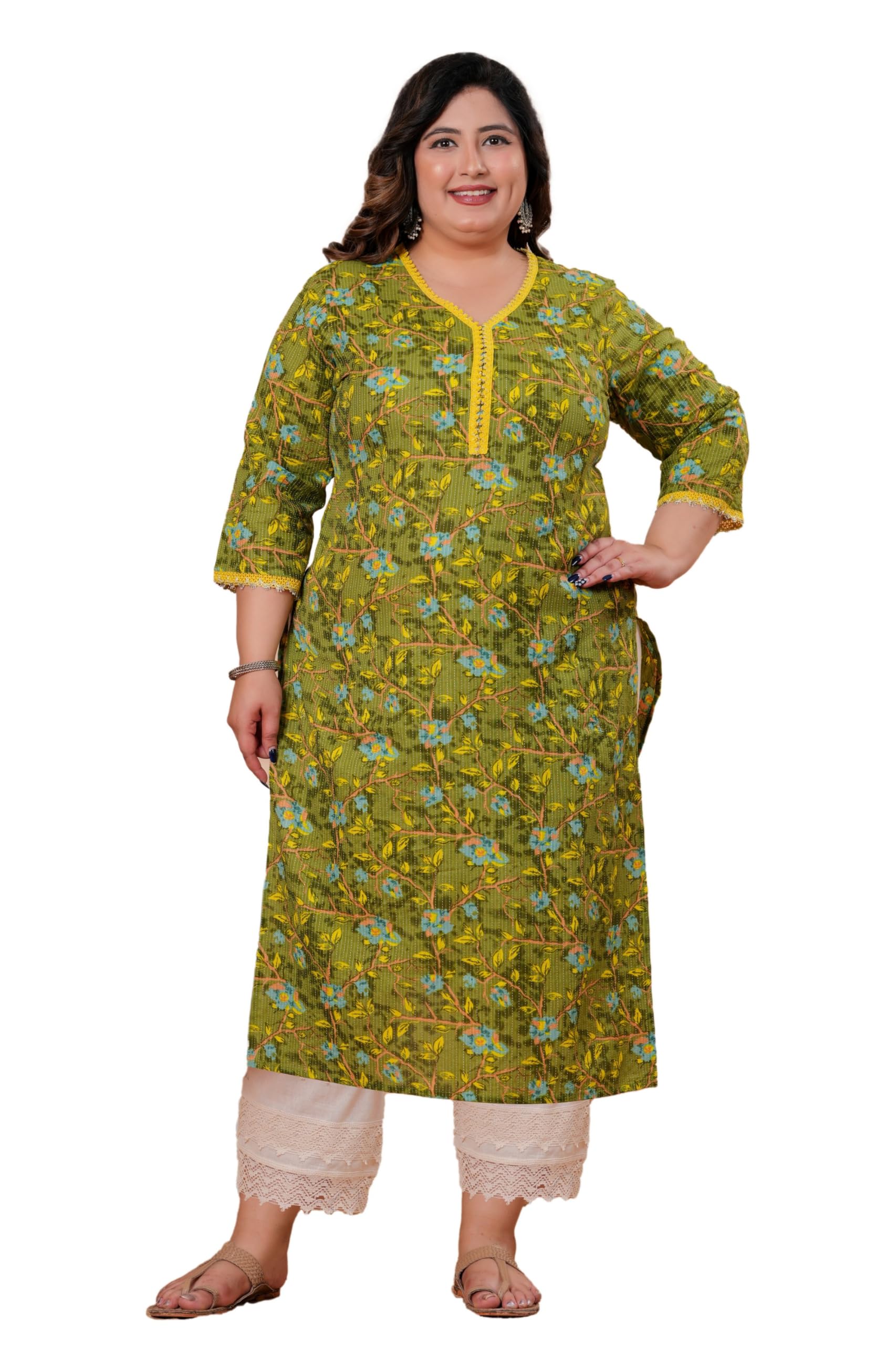 labuly Women Pure Cotton Plus Size Kurti with Lace & Kantha Work | Discharge Print Straight Kurta | V Neck Ethnic Kurti 47 Inch Length-picture-16