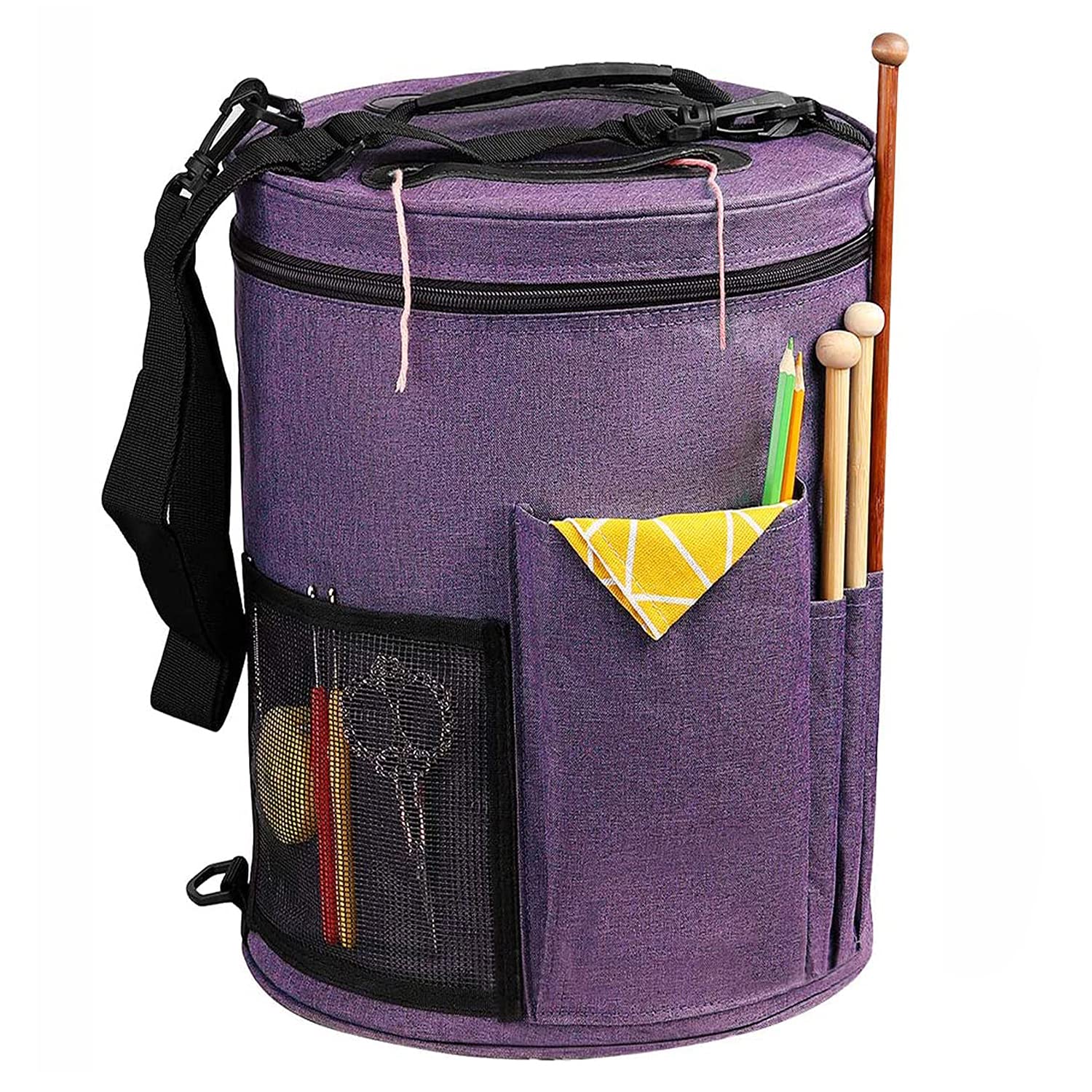 Weabetfu Large Capacity Portable Yarn Organizer Knitting Tote Storage Bag with Shoulder Strap Yarn Bags Have Pocket for Crochet Hooks,Knitting Needles & Accessories,Prevent Yarn Tangle(Purple)