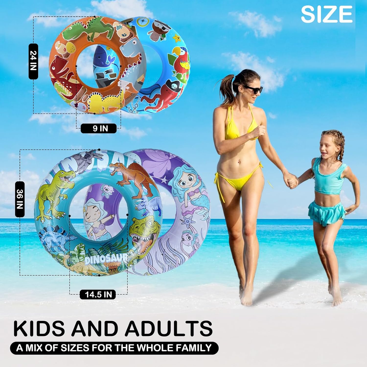 4 Pack Inflatable Pool Floats, 36" & 24" Pool Tubes for All Ages, Unique Dino, Mermaid, Pirate Inner Tube Floaties for Swimming, Swim Ring and Pool Party Toys for Kids 3-5 4-8 8-12, Teens, Adults