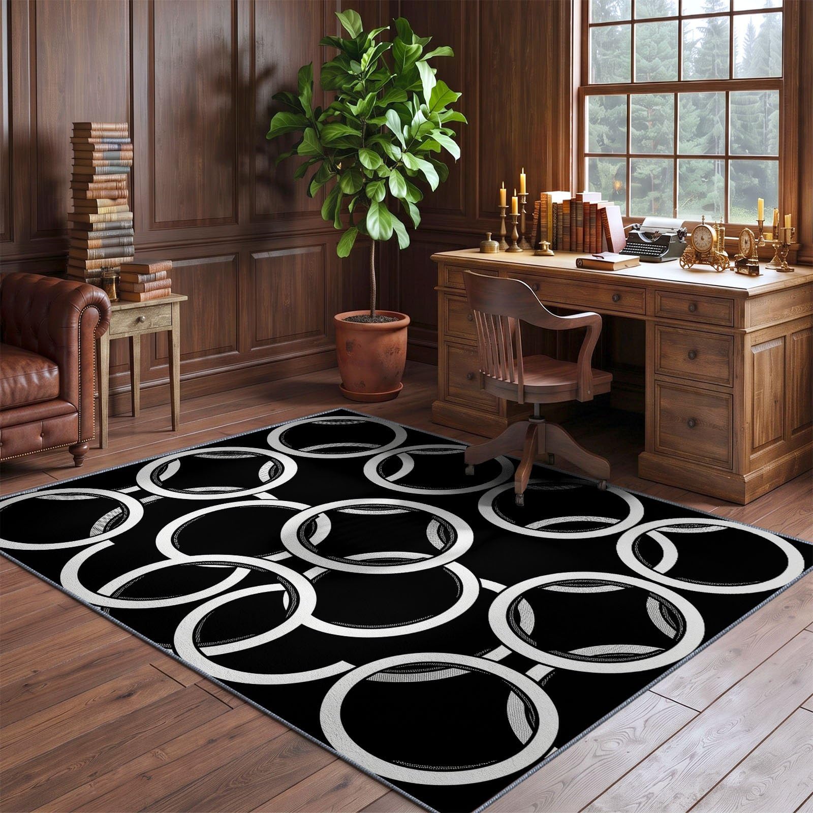 Noir Blanc Moderne Géométrique Tapis Salon Cercle Anneau Rug Lavable en Machine | Antidérapant Rugs, Chambre Descente de Lit Salle a Manger Bureau Cuisine Interieur Poil Ras Carpet 60 x 110 cm