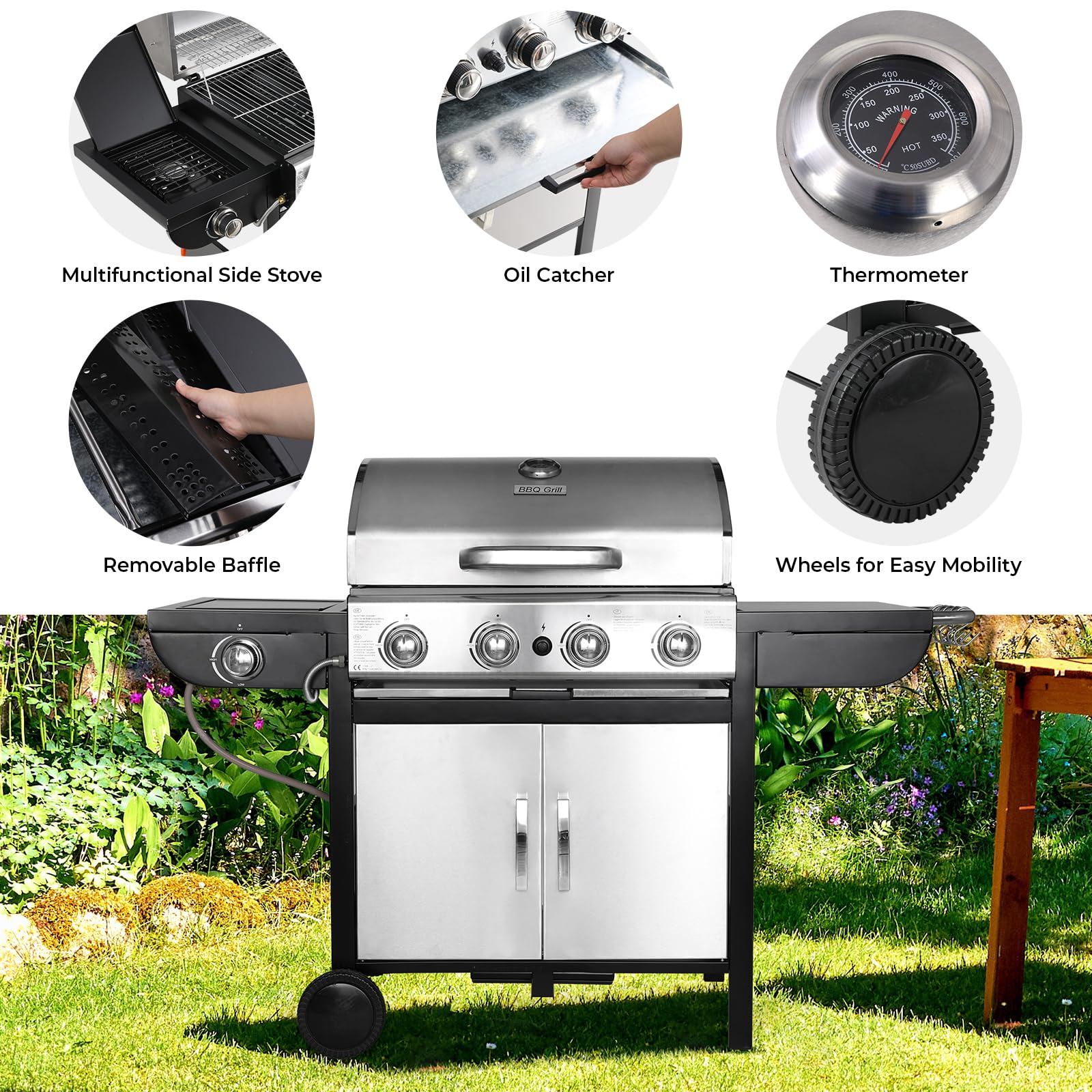 4+1 Bruciatore Barbecue a Gas in Acciaio Inox Con Termometro e Piano Cottura Laterale, 14.05KW BBQ Ad Alte Prestazioni per Giardini, Feste, Campeggio
