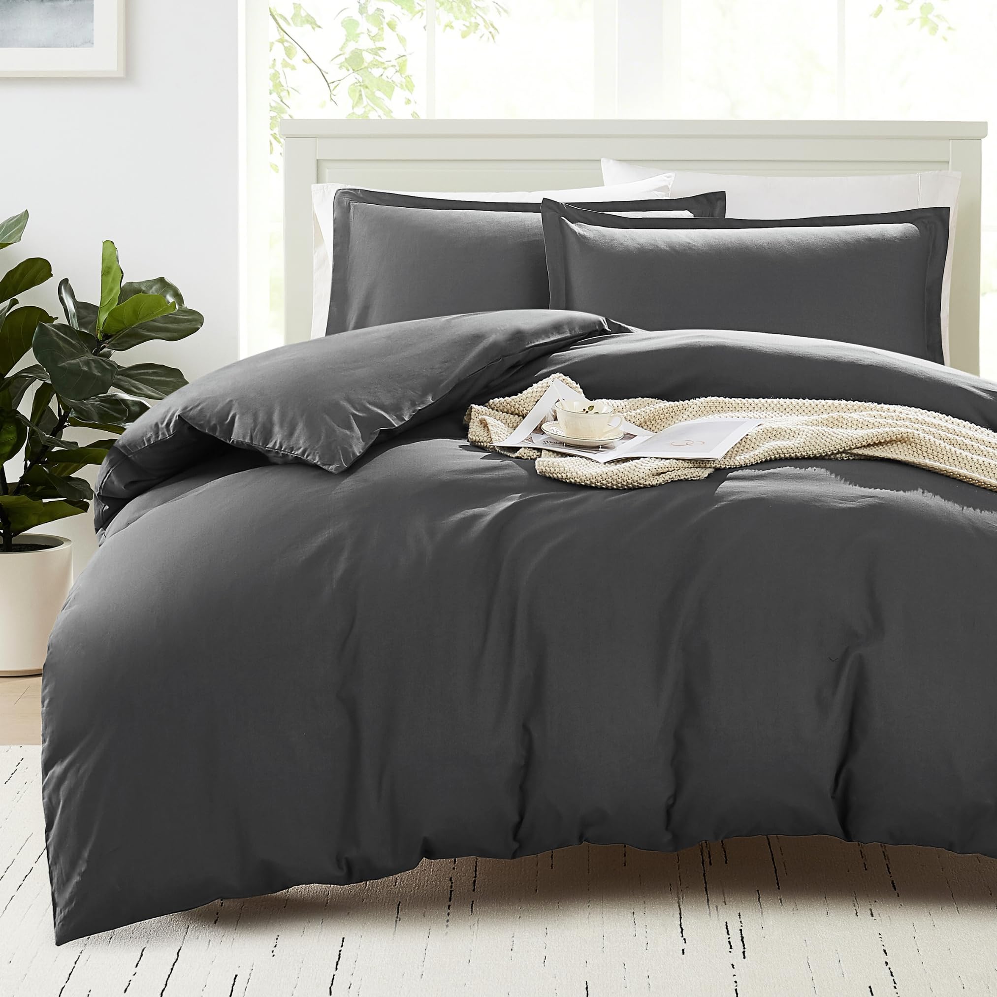 LANE LINEN Double Size Duvet Cover Set - 100% Organic Cotton, 3-Piece Soft & Sustainable Bedding, Includes 1 Duvet Cover 200 x 200 cm and 2 Pillow Shams - Machine Washable - Charcoal — image 1