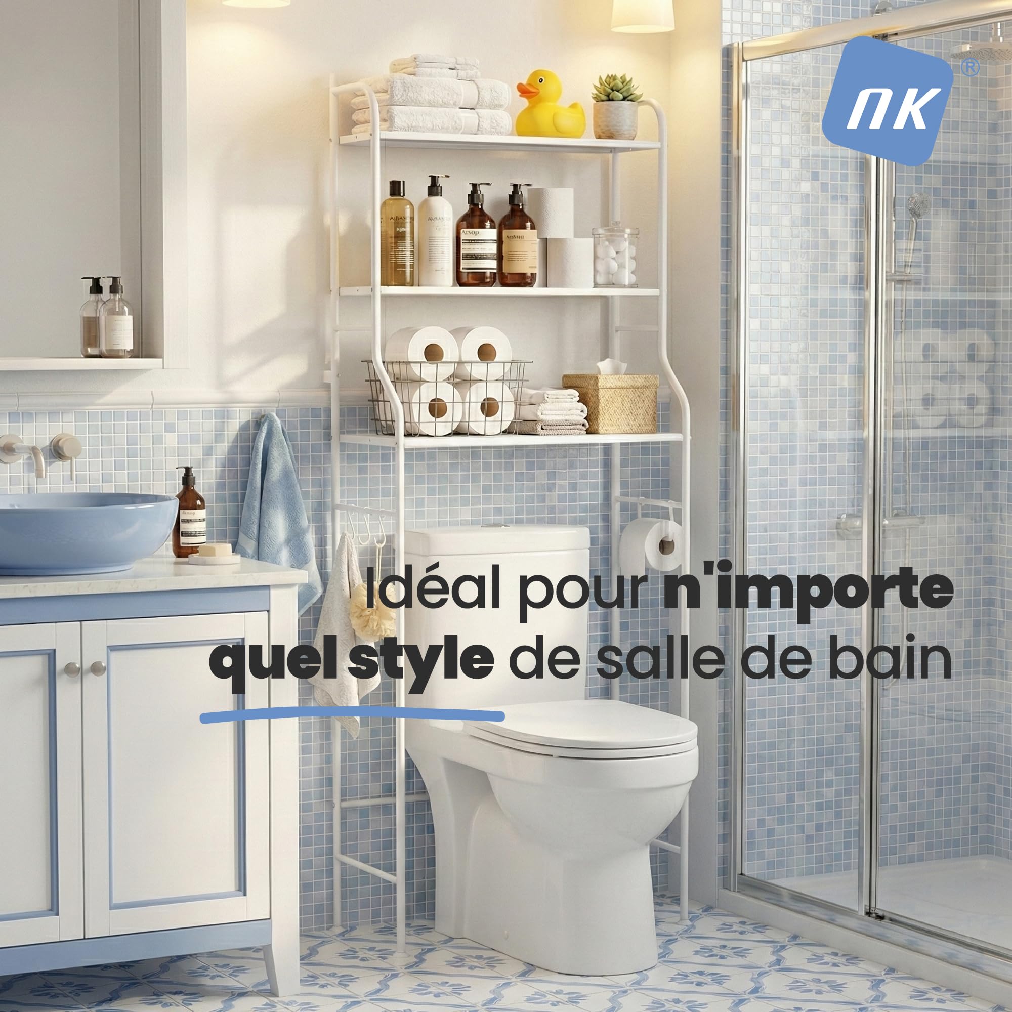 NK Étagère De Salle De Bains Au-Dessus des Toilettes – 153×47×26 Cm, 3 Étagères Hautes, Porte-Rouleau, 3 Crochets, Pieds Antidérapants, Fer + PP, Blanc, Montage Facile