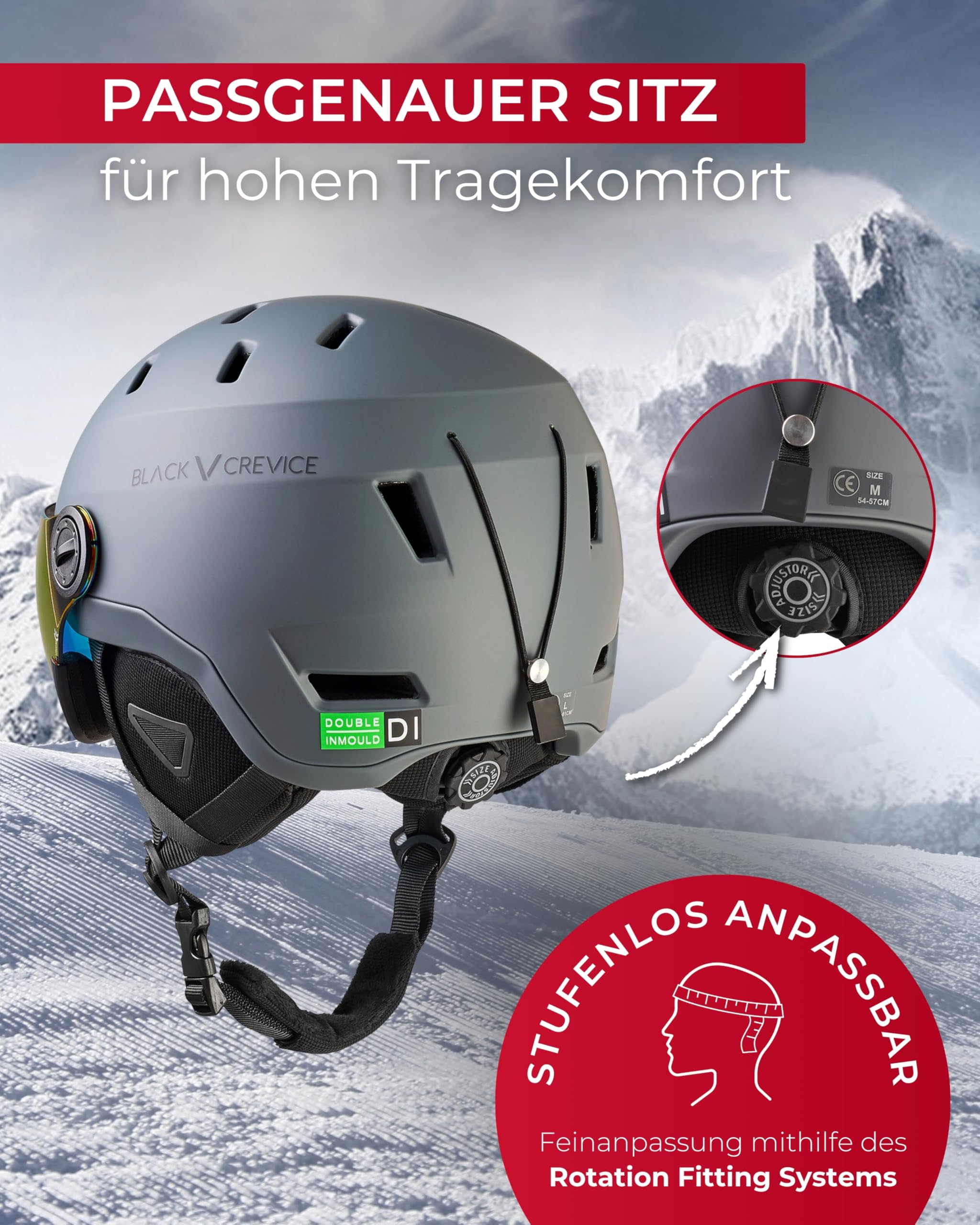 BLACK CREVICE Skihelm Wengen I Skihelm mit Visier aus Polycarbonat I Skihelm Herren & Damen I Leichte Double-Inmould-Technologie I Atmungsaktiver Ski-Helm I Größenverstellbar