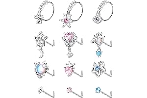 12Pcs 20G Dangle Cool Nose Rings for Women with Butterfly and Heart Designs