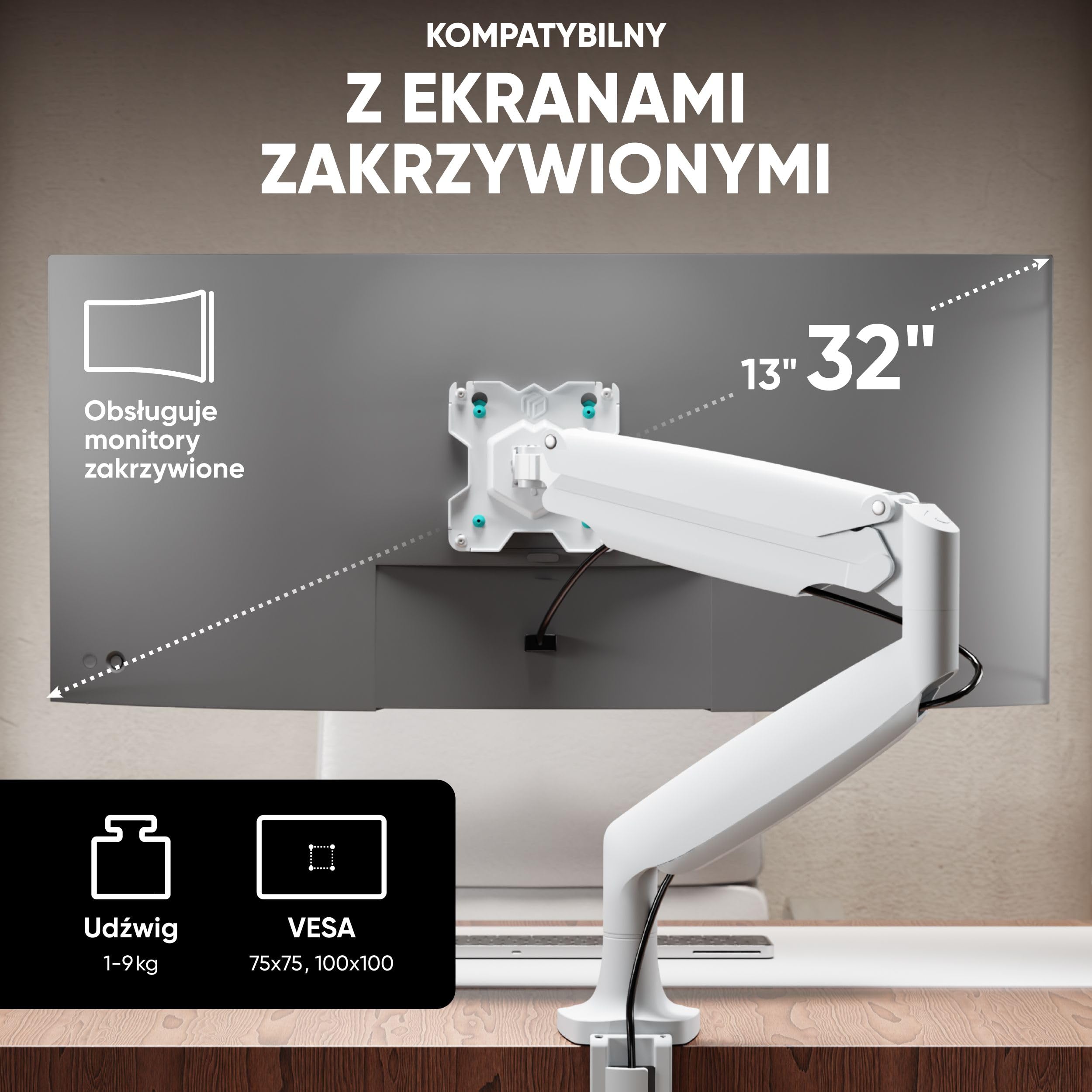 ONKRON Wyświetlacz przegubowy na 13-32 cale, uniwersalny uchwyt na ekran ładowania 9 kg, ramię monitora komputerowego stacjonarnego VESA 75x75 & VESA 100x100, uchwyt na ekran PC sprężyna gazowa, pełny