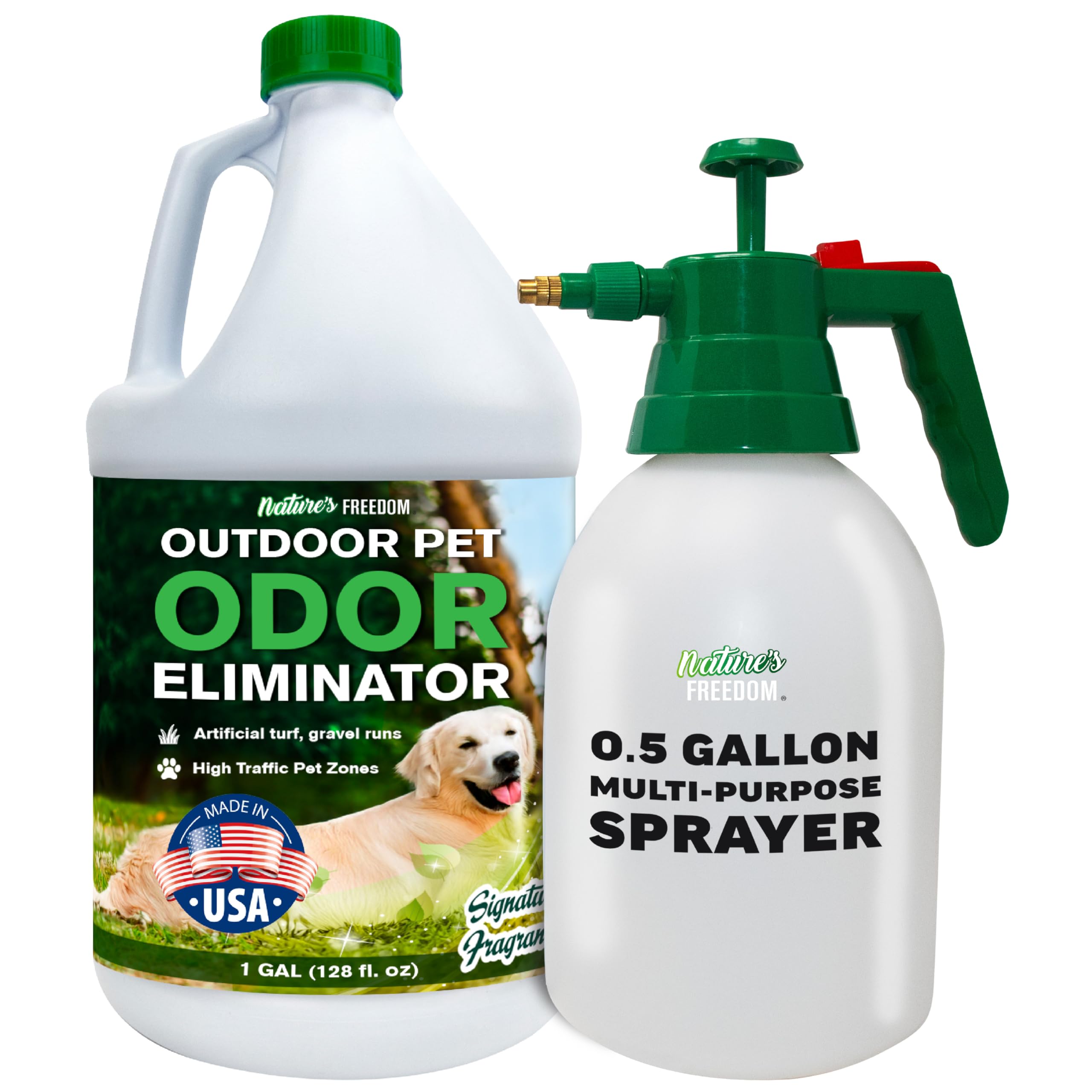 Nature's Freedom Outdoor Pet Odor Eliminator – Gallon Enzyme Cleaner with Pump Sprayer for Yard, Turf, Patios, Kennels, Concrete