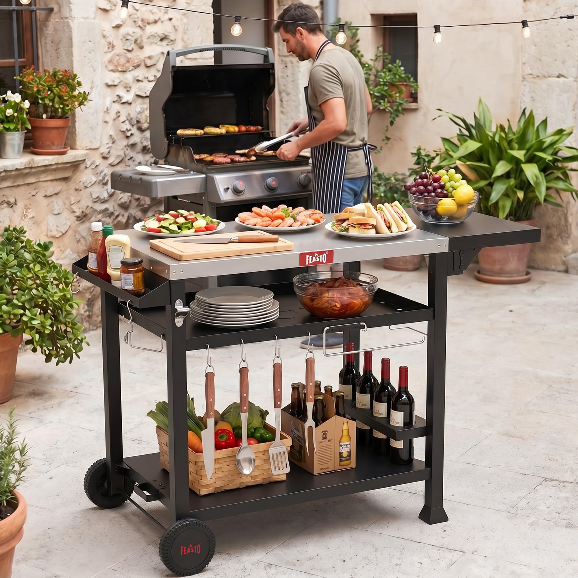 Feasto Grillwagen Outdoor wetterfest Grilltisch Pizzatisch Outdoor-Küche | 125x64x84cm grill beistelltisch outdoor mit klappbarem Beistelltisch, Outdoor Servierwagen für Küche, Terrasse, Buffet