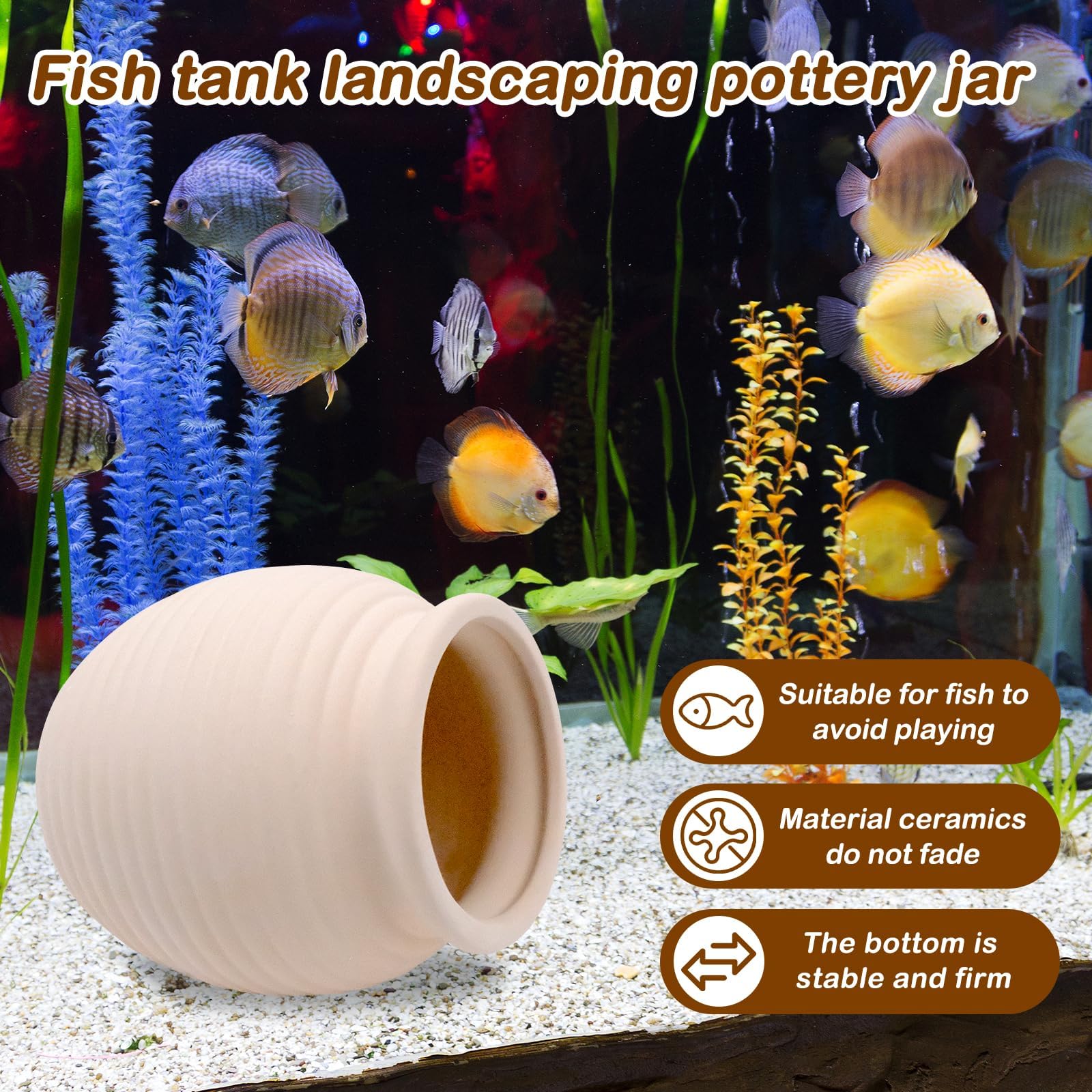 Zatixbu Beige Fish Tank Decorations, Aquarium Ornaments Pot Shaped Toys Ceramic Hideout Stone - Image 3