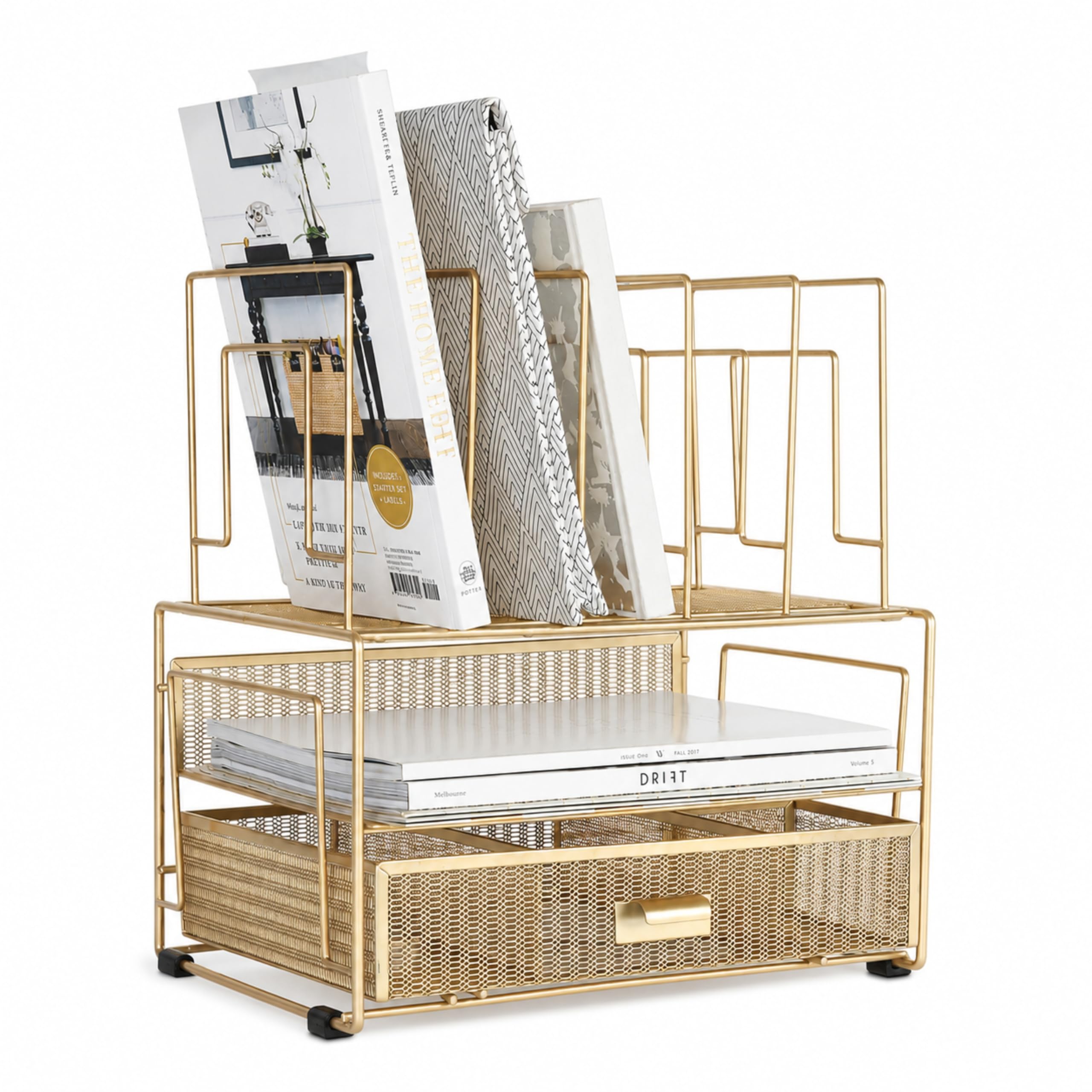 Blu Monaco Gold Desk Organizer with File Sorters and Drawer