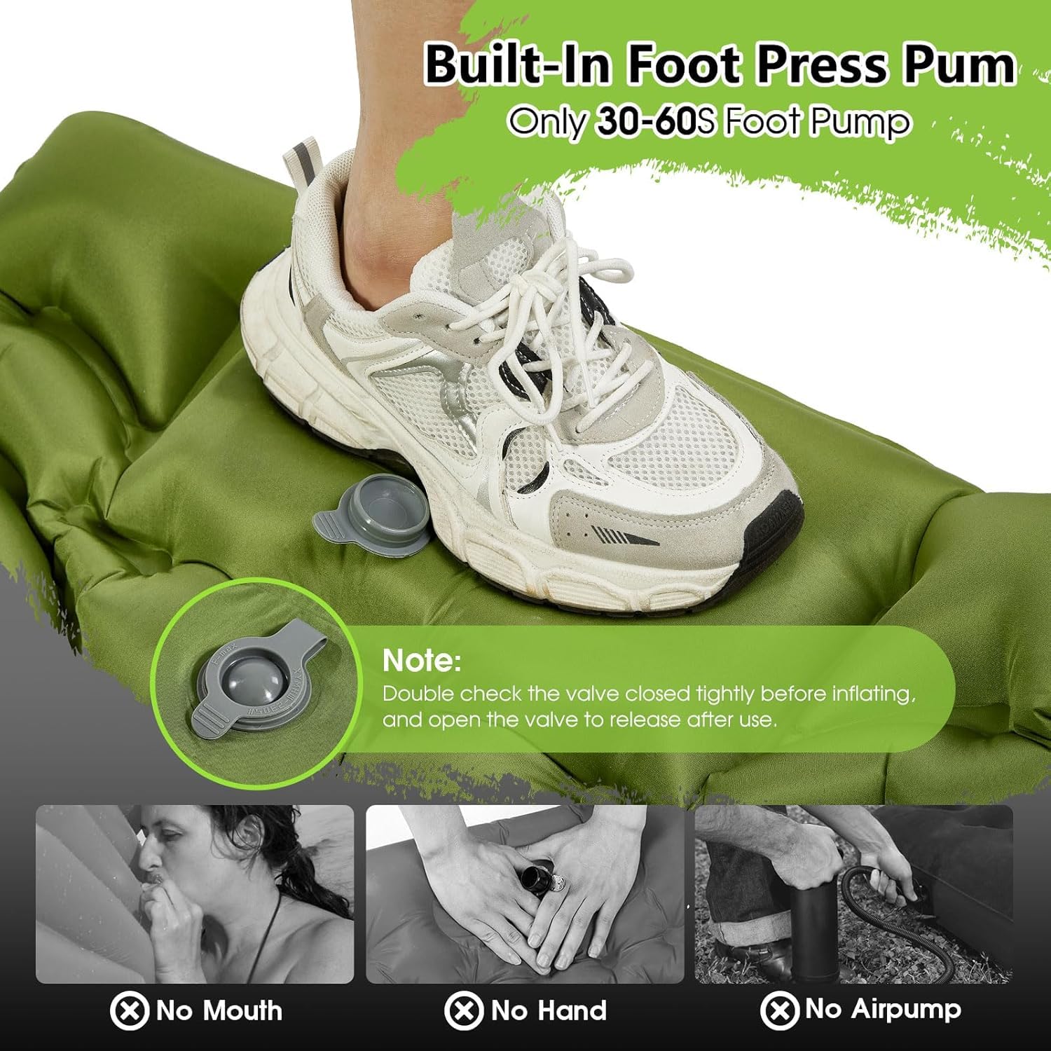 Matelas de camping gonflable avec oreiller, pompe à pied intégrée, tapis compact pour camping, randonnée, voyage, tente (vert)