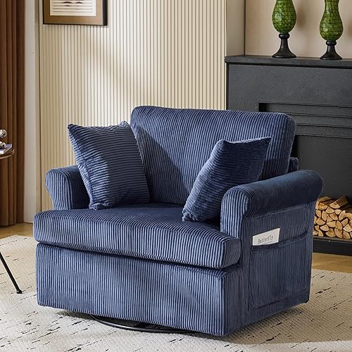 Karl home 39" Swivel Accent Chair,Oversized Seat Armchair W/2 Pillows and 4 Pockets,Modern Upholstered Corduroy Barrel Chair,Comfy Single Sofa for Living Room,Reading,Bedroom and Office-Dark Blue
