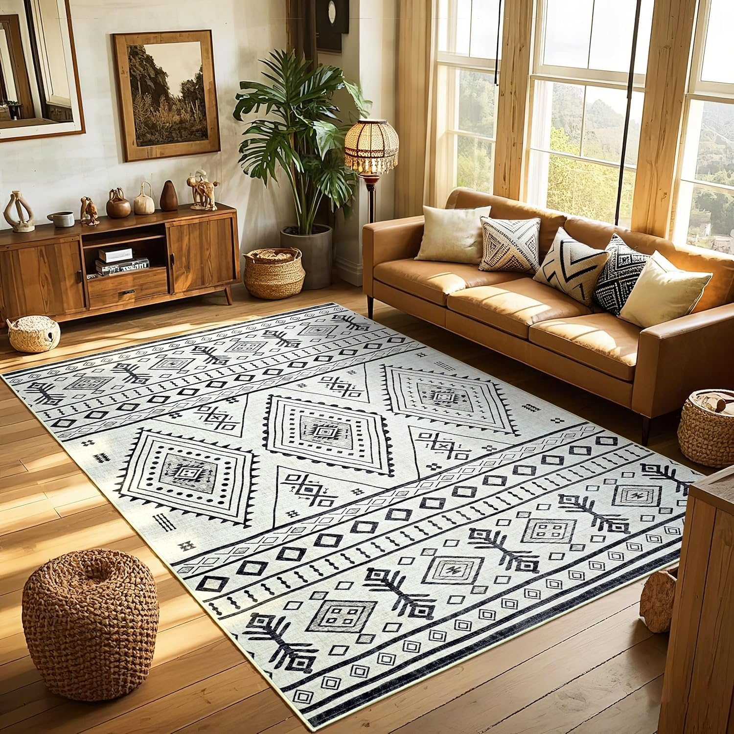 Tappeto Salotto Grandi 160 x 230 cm Tappeto Corridoio Antiscivolo Morbido Pelo Corto Tappeti per cucina Pranzo Soggiorno Camera da Letto Modern Geometric White Black Beige Green Gold