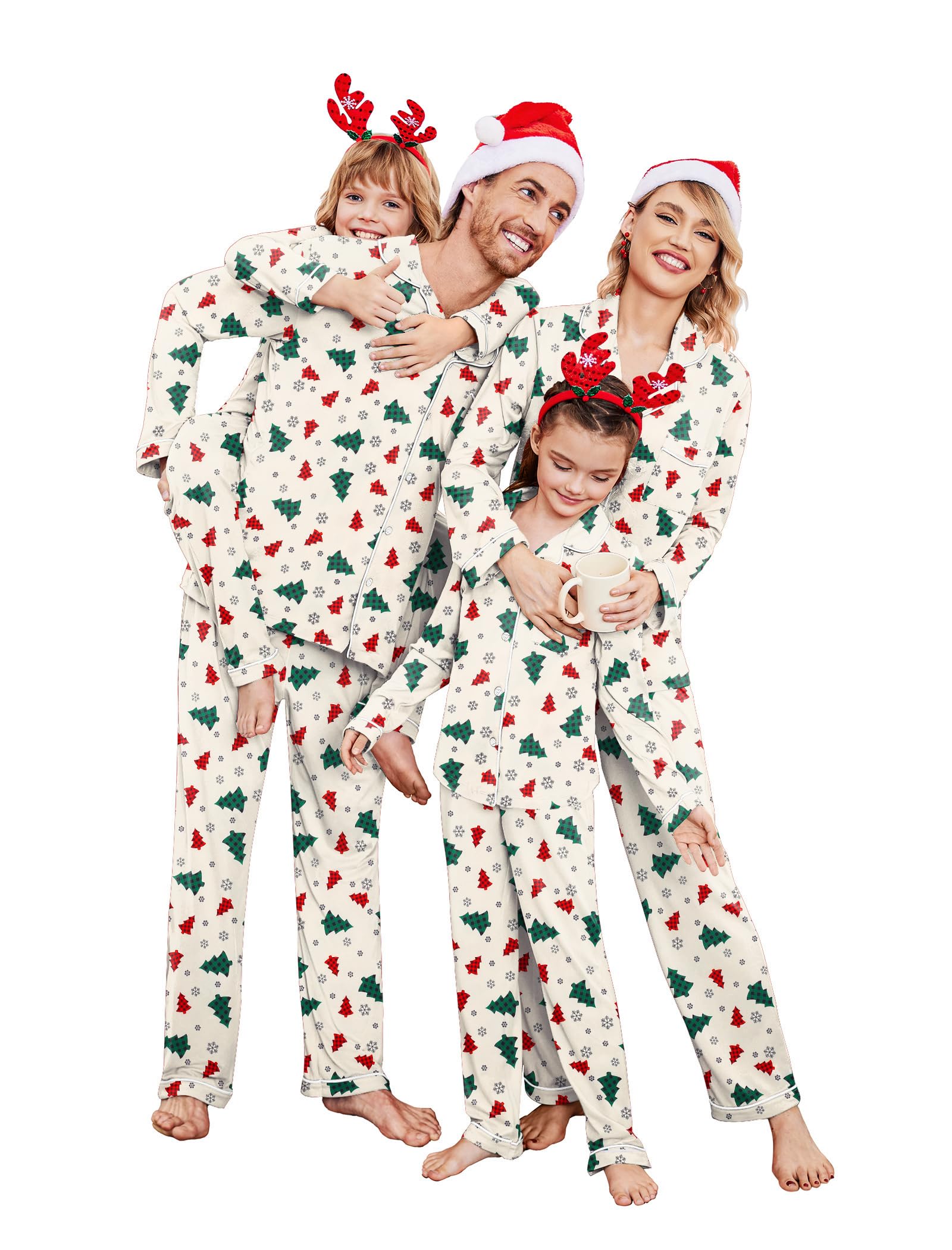 Ekouaer Pijamas familiares de Navidad a juego de manga larga con botones para festivales y fiestas