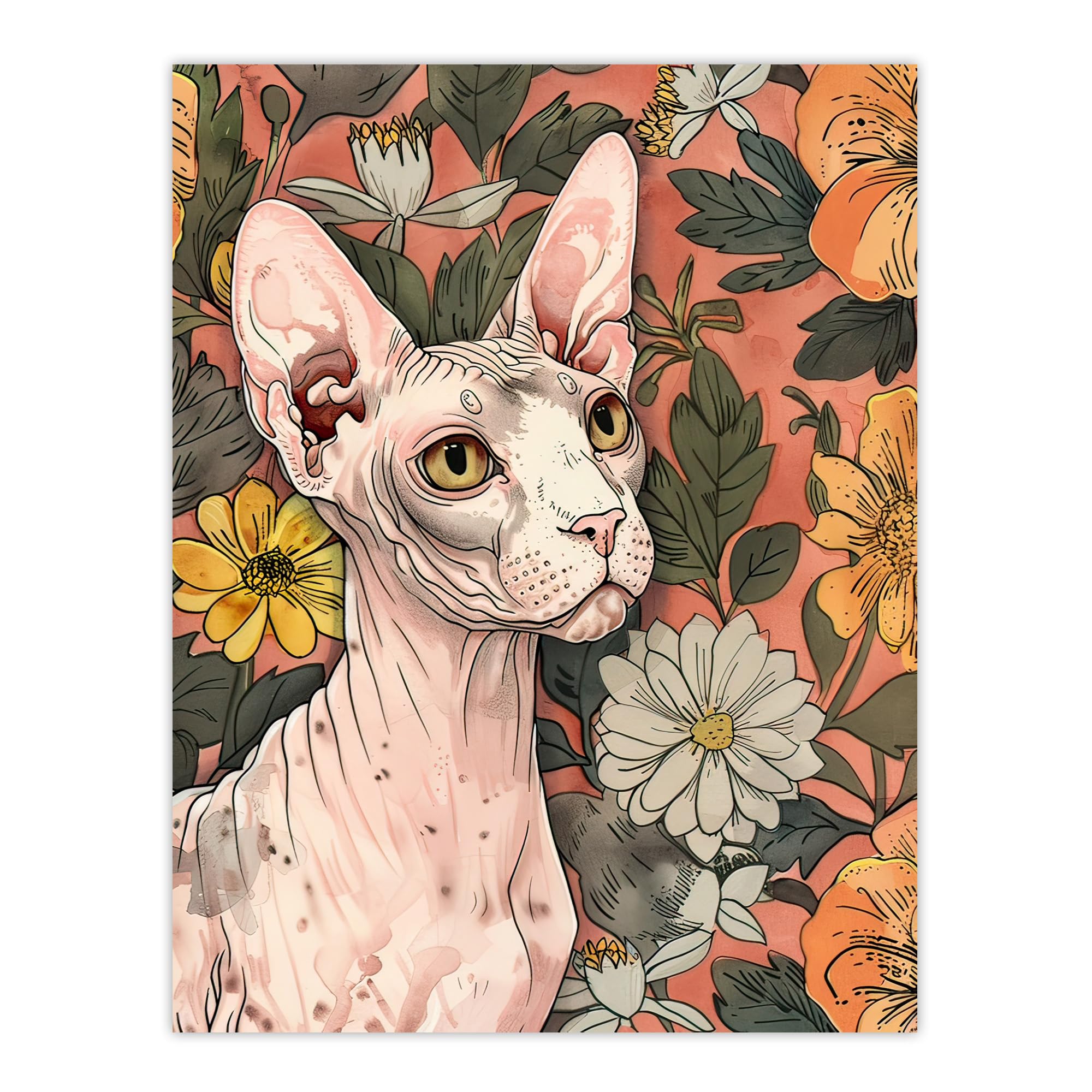 Sphynx Cat Lover Pet Portrait Wall Art Print - Pink - W24 inch x H32 inch