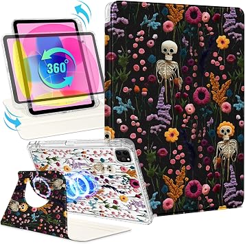 Shorogyt for iPad Air 13 Inch M4 2026/M3 2025 & M2 2024 /for i Pad Pro 12.9 inch 3/4/5/6th Gen for Magnetic Stand for Women - Cute 360 Rotating Covers Girls with Pencil Holder, Skull Flower