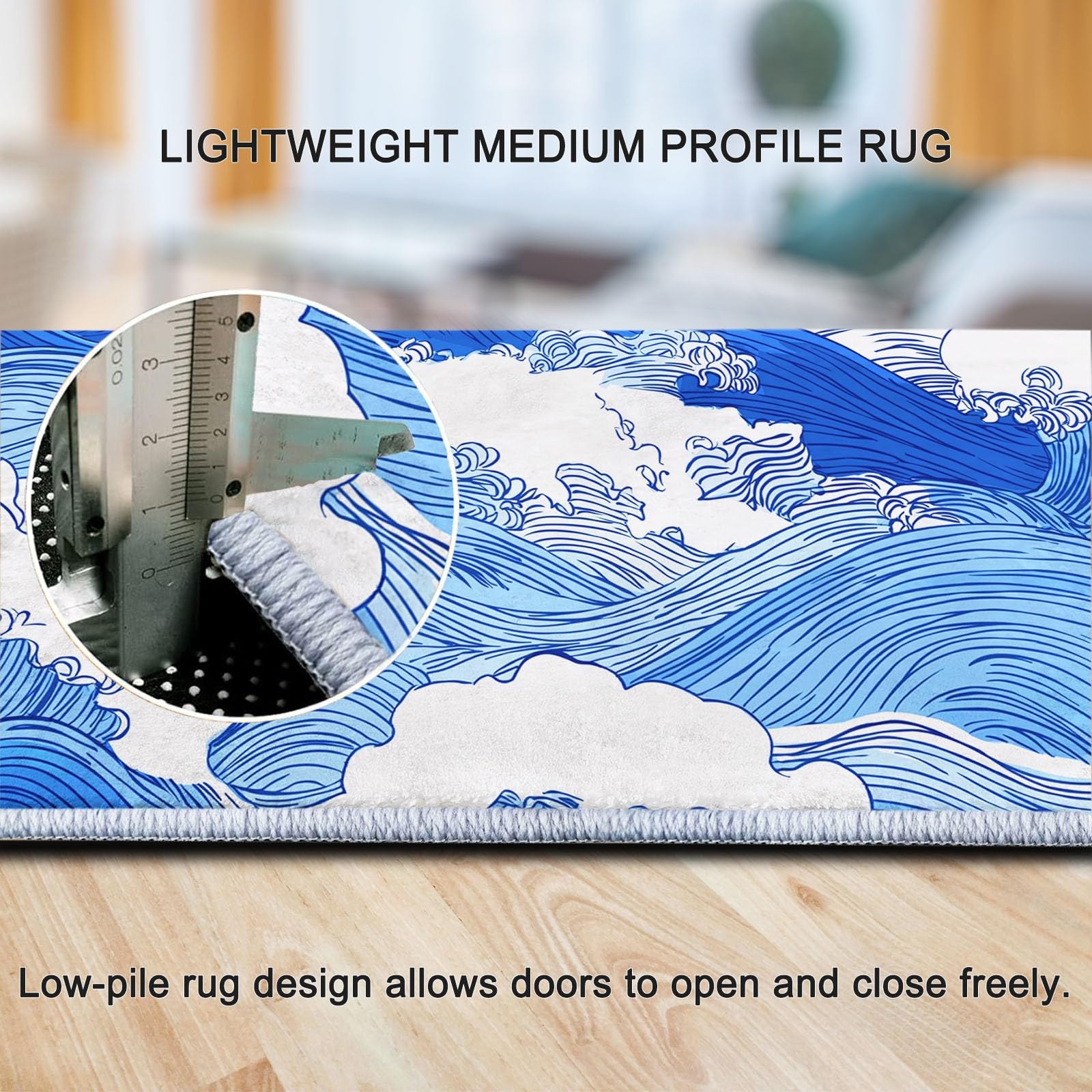 Generico Dywan można prać w pralce do salonu Dywany 160 x 230 cm Hokusai Fale linie Sztuka, puszyste antypoślizgowe miękkie niskie runo, do przedpokoju sypialni i kuchni niebieski