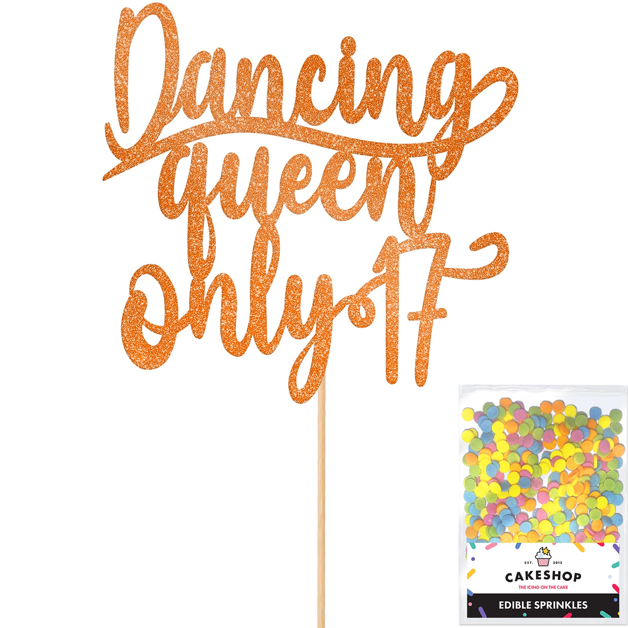 Cakeshop Personalised Dancing Queen Birthday Glitter Cake Topper - Copper Orange - Any Name & Age - Glitter Cake Decoration and Sprinkles - Happy Birthday Decorations - Custom Toppers for Cakes