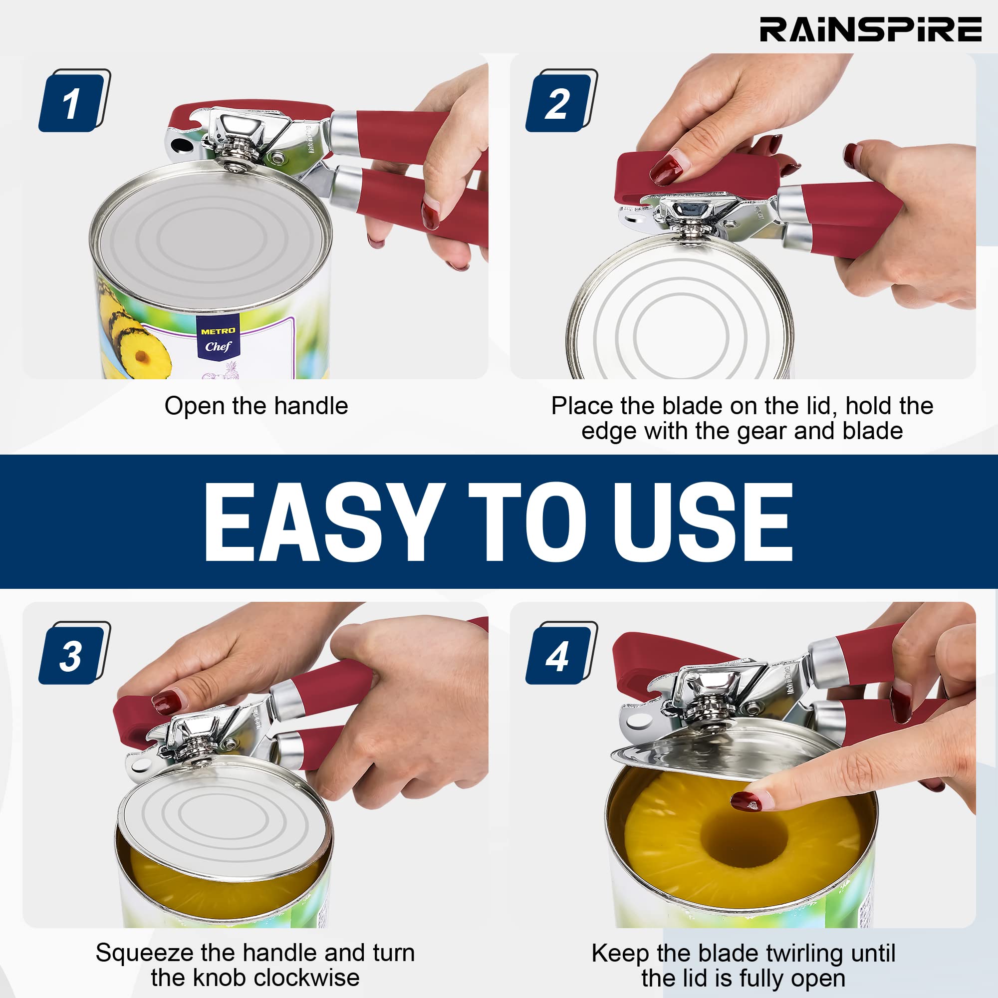 Rainspire Abrelatas manual de mano fuerte abrelatas manual de corte de borde suave, abrelatas resistente, mango suave cómodo, abridor de botellas integrado, rojo