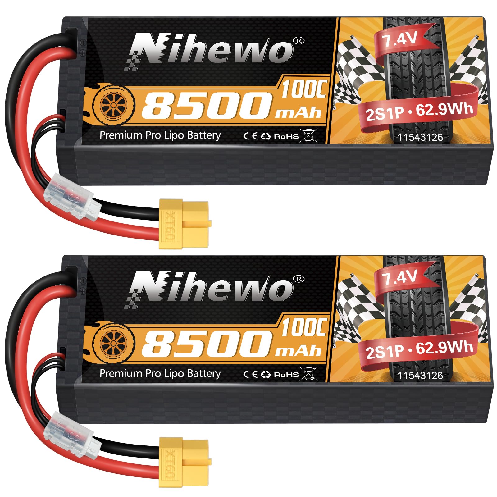Nihewo 2S Lipo Battery 8500mAh 7.4V RC Battery100C Hard Case with XT60 Connector Compatible with Arrma Axial 1/8 1/10 Scale RC Vehicle Car Truck Buggy Drone Boat RC Models (2Packs)