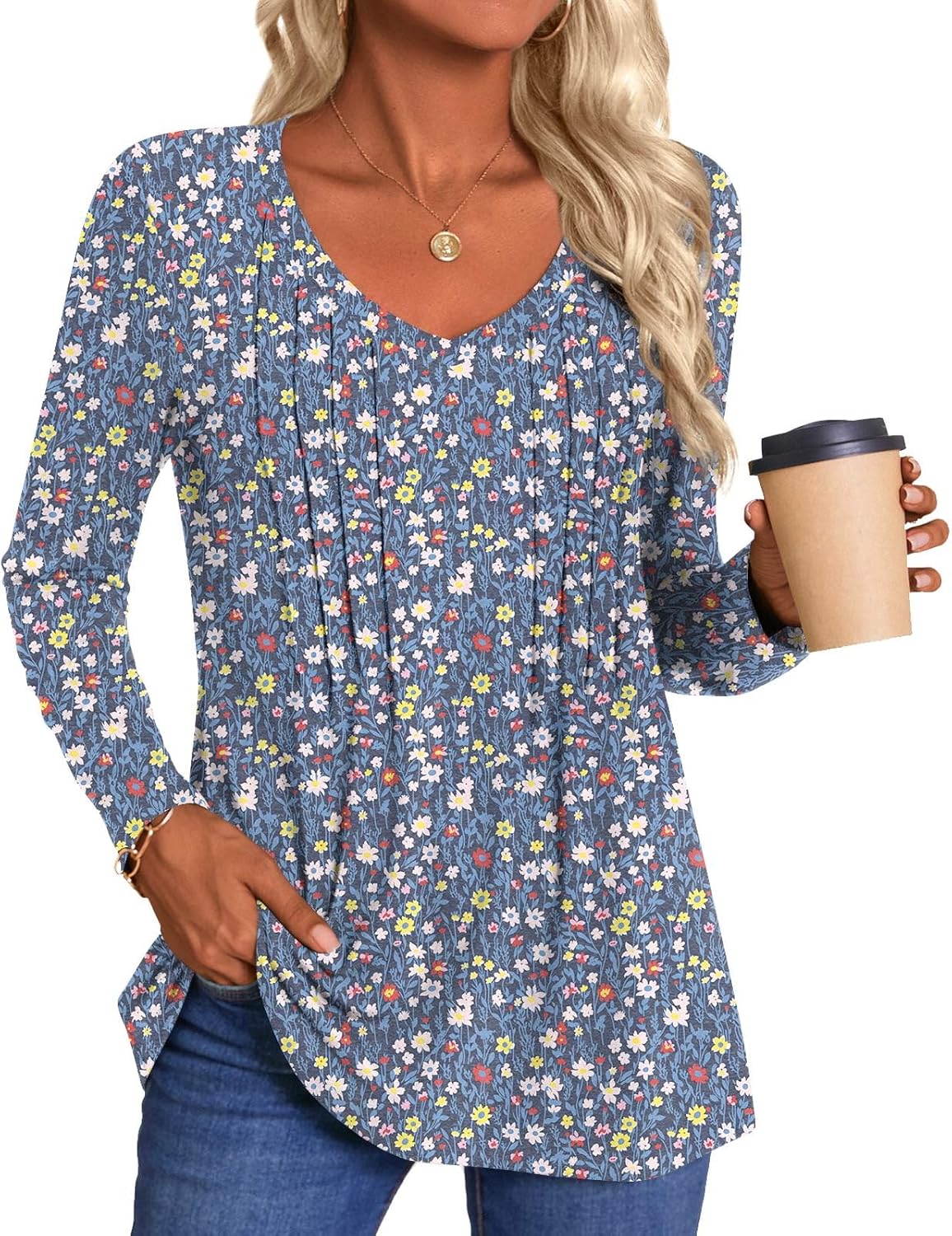 HOTGIFT 2026 Womens Tops Long Sleeve Shirts Casual Fall Winter Tunics Pleated V Neck Fashion - Image 3