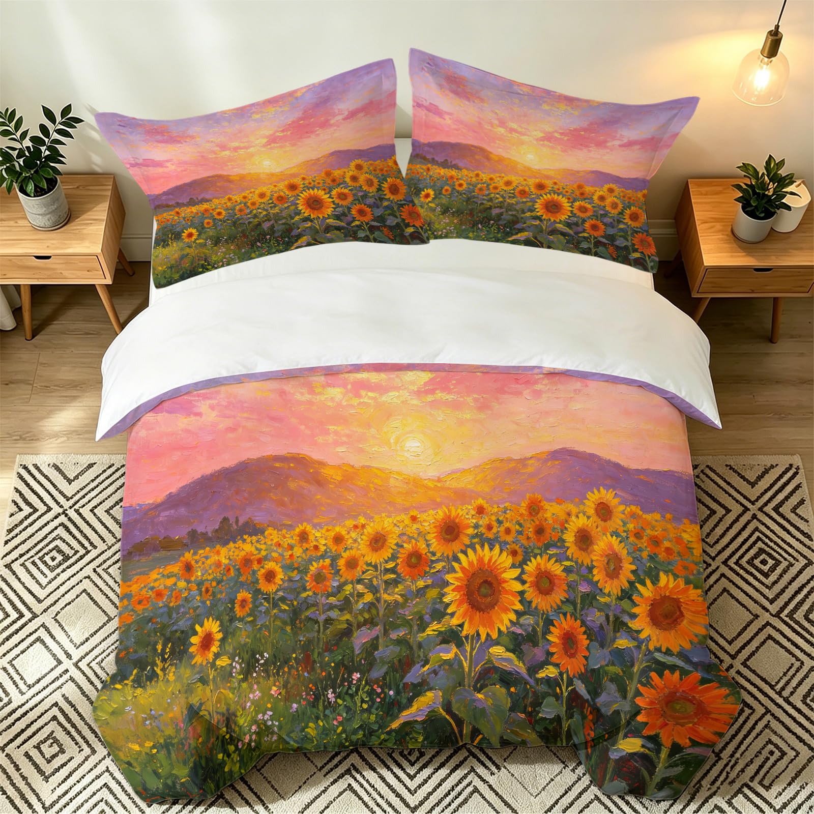 Housse de Couette 240x260 Champs de Tournesols Peinture Lit 2 Personnes