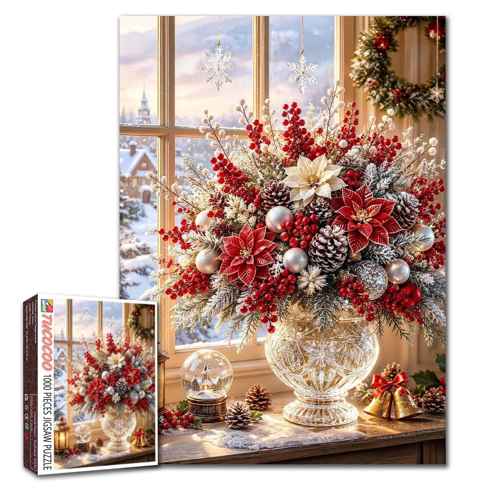 Christmas Floral Arrangement Jigsaw Puzzles 1000 Pieces for Adults Families Winter Bouquet Poinsettia Flowers Crystal Vase Pieces Fit Together Perfectly 19.7 x 27.6 Inch Frameable Holiday Puzzle Art โ image 1