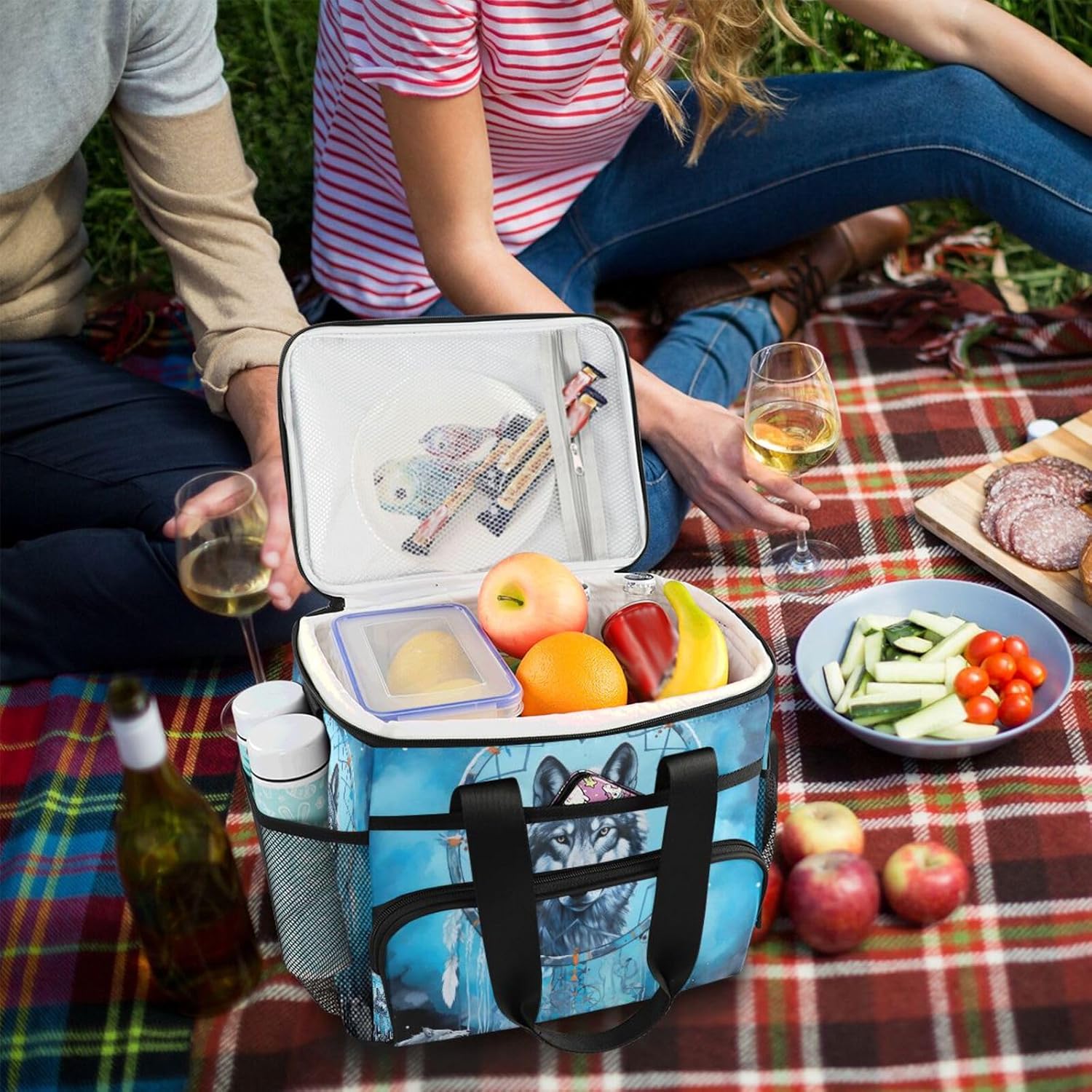 Dream Catcher Wolf Lunch Bag for Women Men 15L Insulated Lunch Box Large Leakproof Cooler Bag with Adjustable Shoulder Strap for Adult Work Picnic