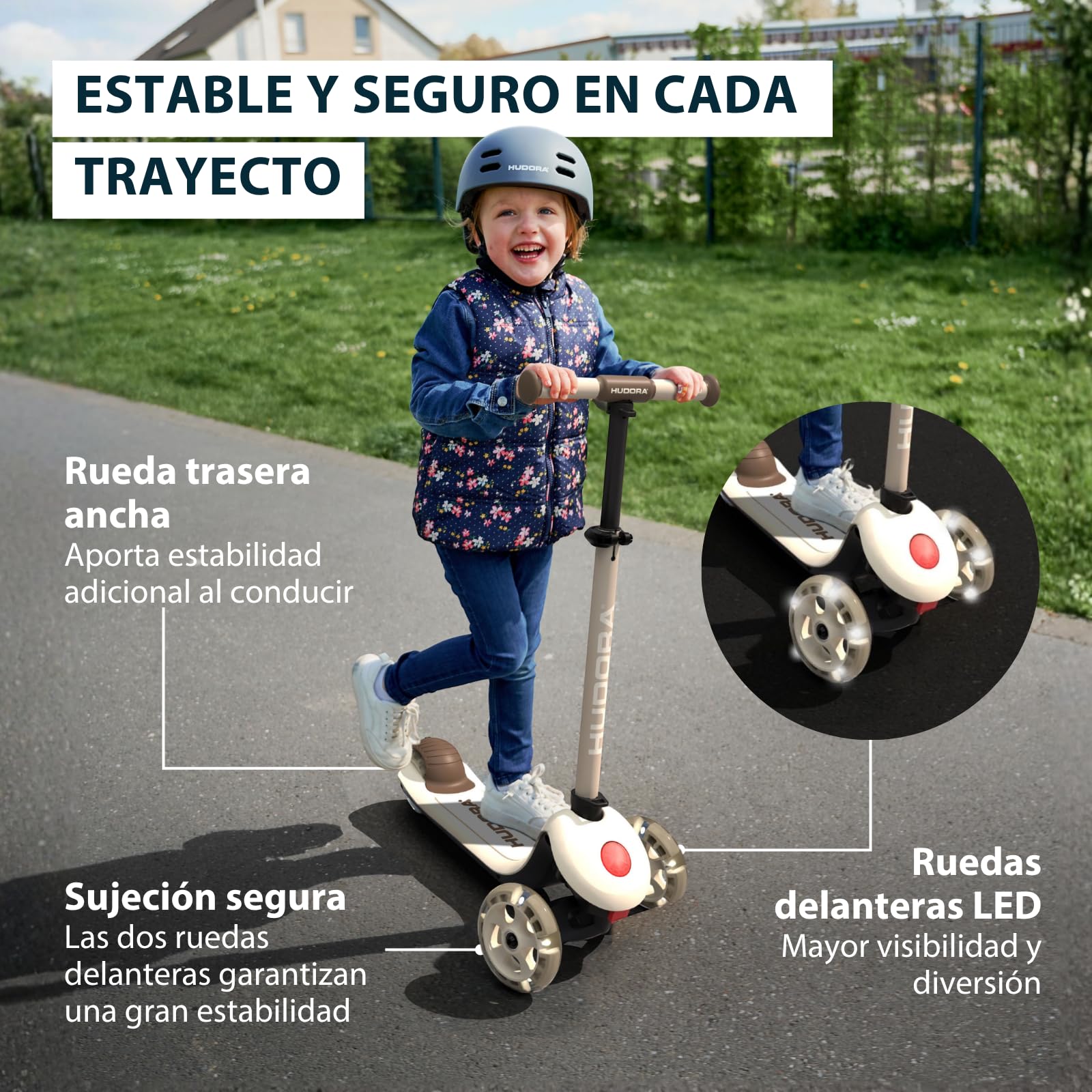 HUDORA Patinete Tri con Ruedas LED – Patinete de 3 Ruedas con Manillar Regulable en Altura – Rueda Trasera Ancha ABEC 7, Plataforma Antideslizante y Freno Trasero – Patinete de Exterior para niños