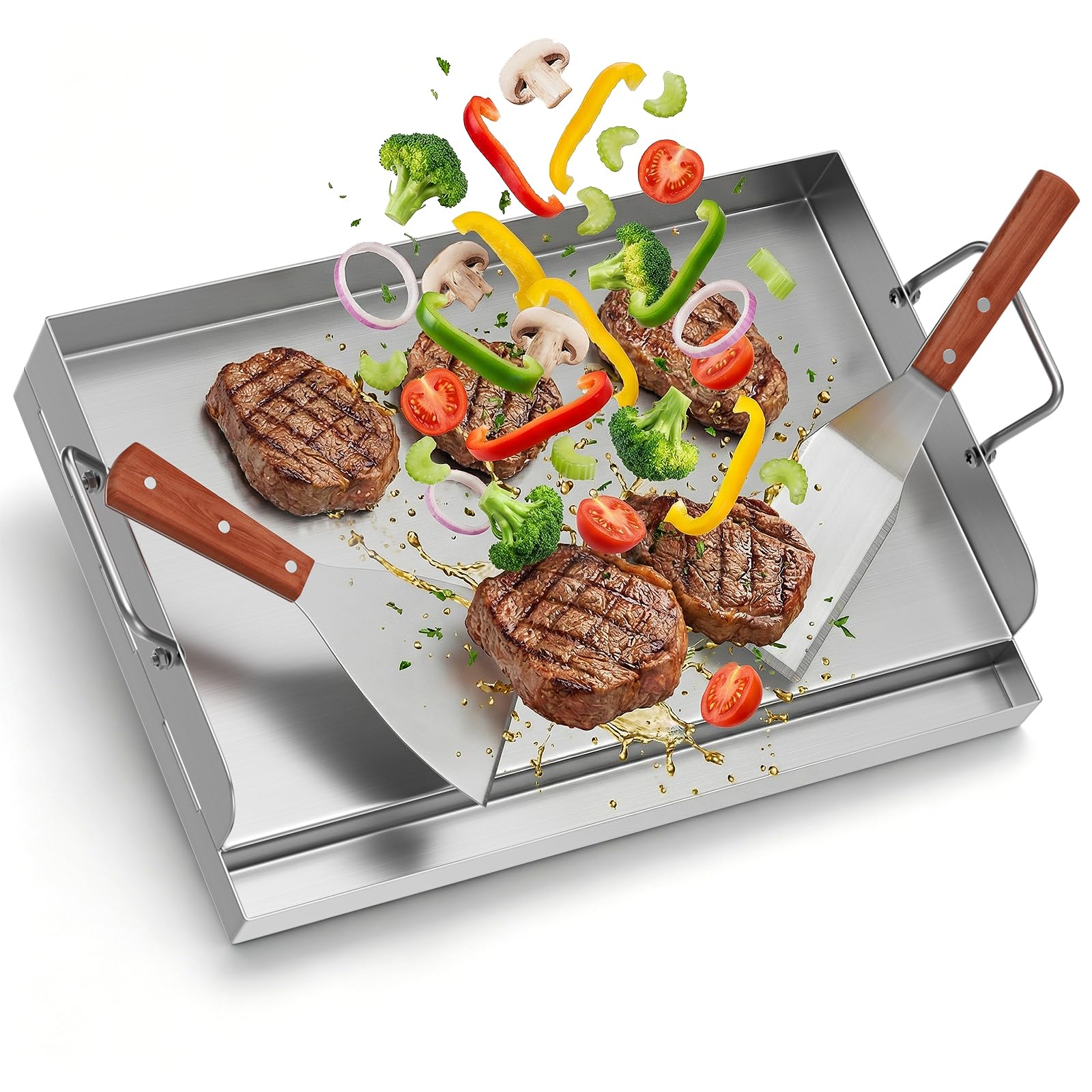 Piastra per barbecue in acciaio inox, 54 x 41 cm, grande piastra con 2 spatole, piastra per barbecue con manico rimovibile e canalina di raccolta grasso alta 3 cm, per barbecue a gas e