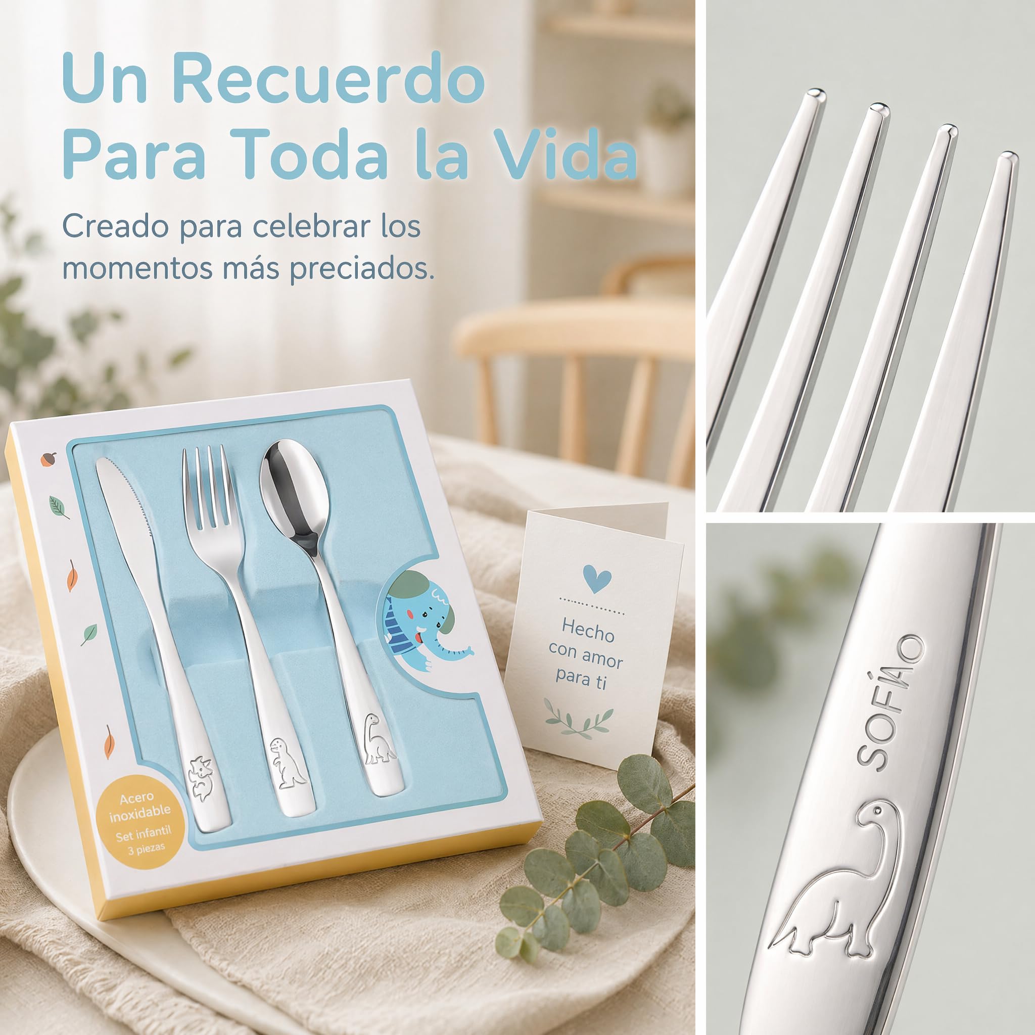 Cubiertos Infantiles Personalizados 3 Piezas | con nombre y fecha, acero inoxidable, dibujos de animales