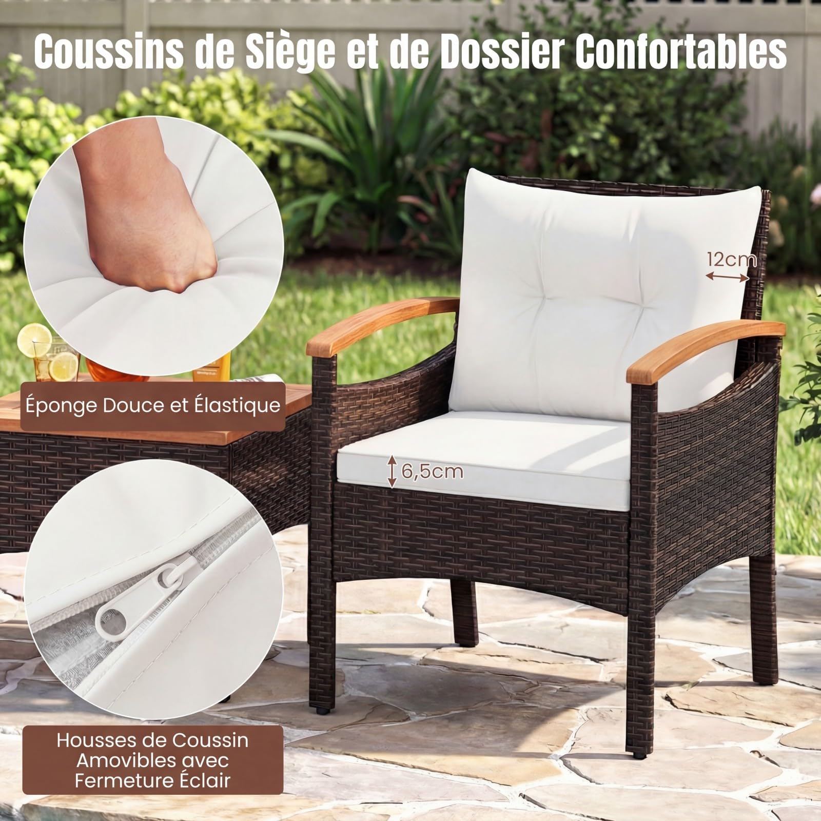 COSTWAY Salon de Jardin Exterieur 3 Pièces en Rotin PE, Ensemble de Meubles 2 Fauteuils Table Basse Plateau en Bois d'Acacia avec Coussin Amovible, pour Jardin Balcon Piscine (Beige)