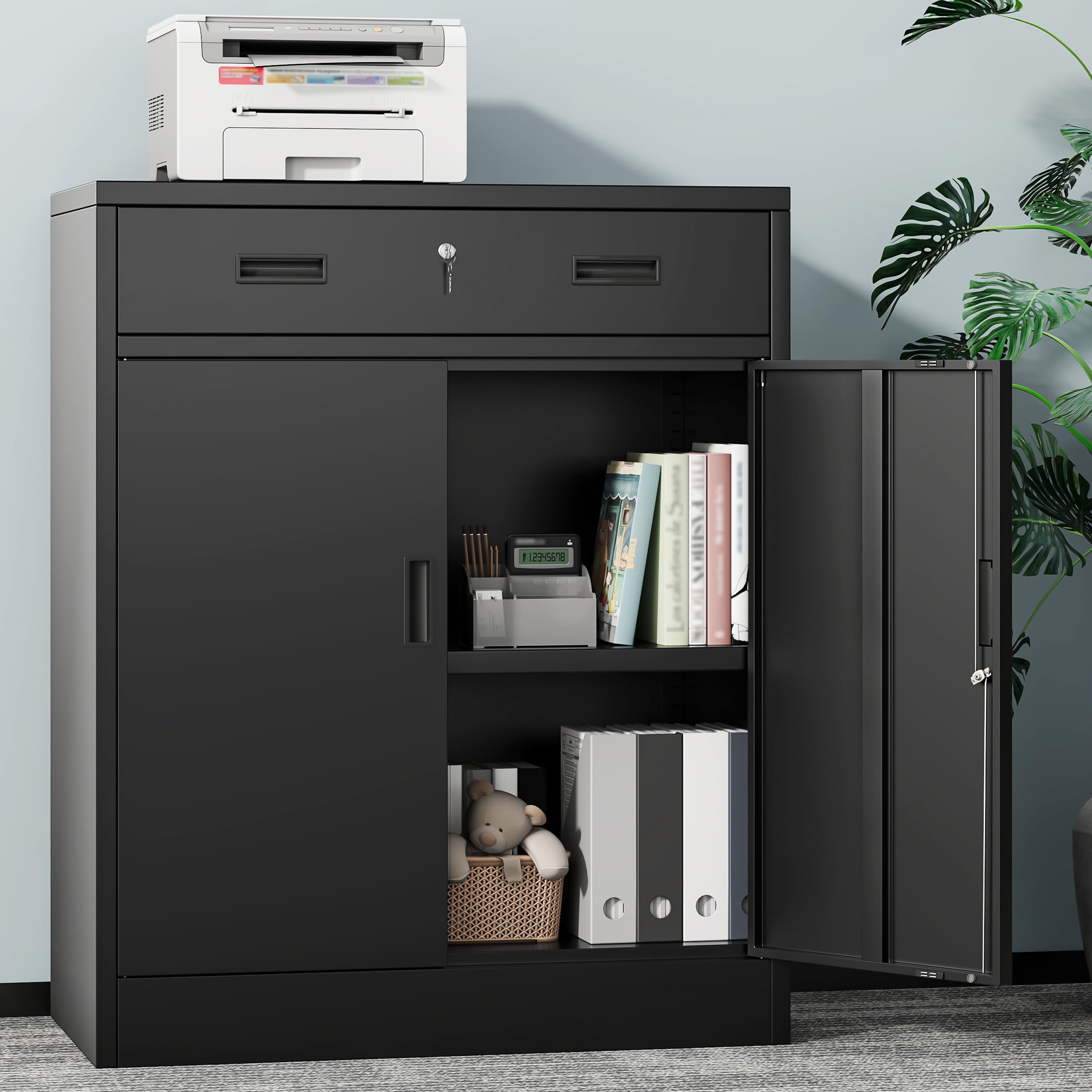Aktenschrank, Mehrzweckschrank,Büroschrank mit abschließbarem Schubfach und 1 höhenverstellbaren Einlegeboden, Aufbewahrungsschrank aus Stahl, Werkzeugschrank für Garage, Büro(90*80*40,Schwarz)
