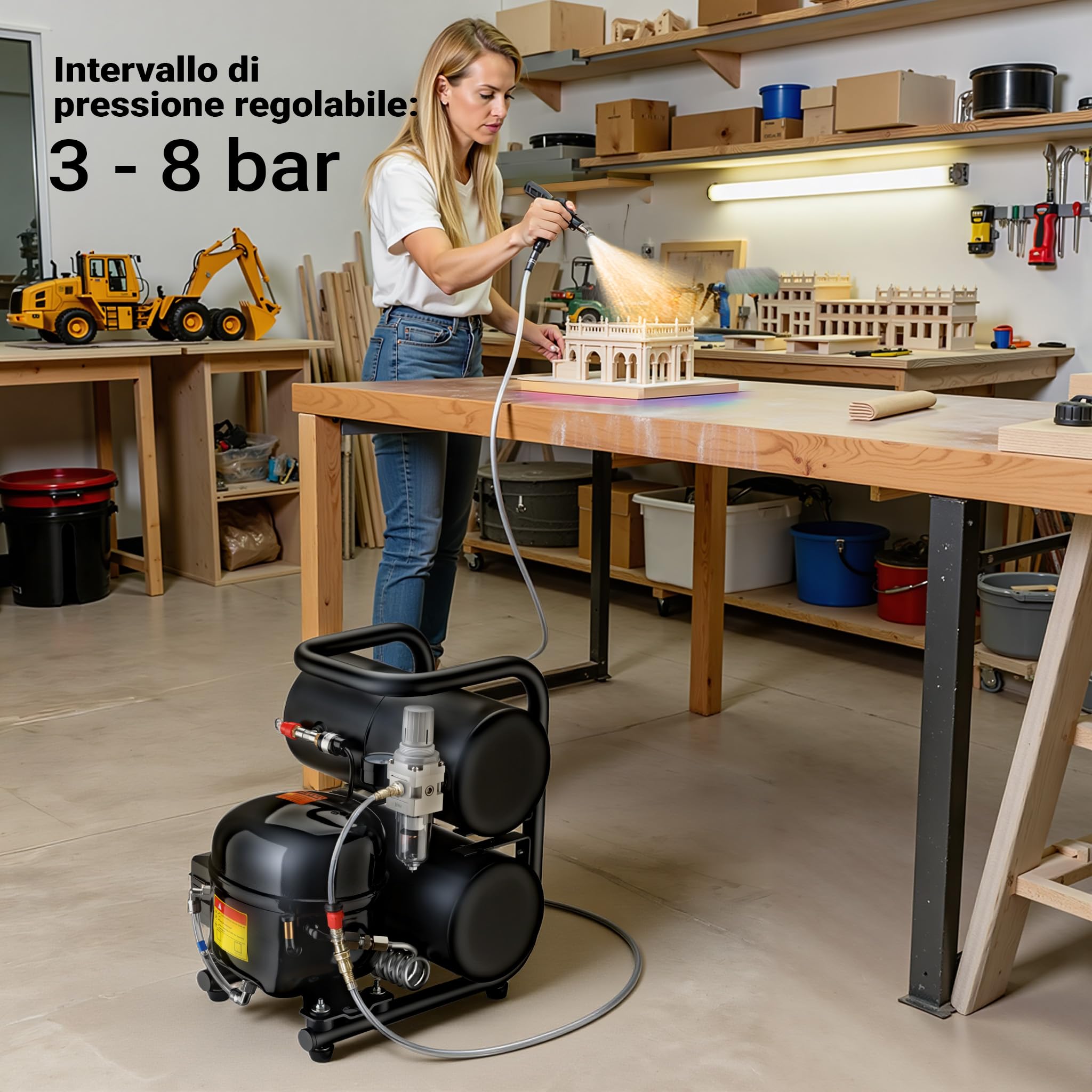 Wiltec Compressore aerografo HO-826, aria compressa 45-52 l/min, compressore per pistola aerografo, serbatoio olio da 2000 ml, 3-8 bar per aerografia