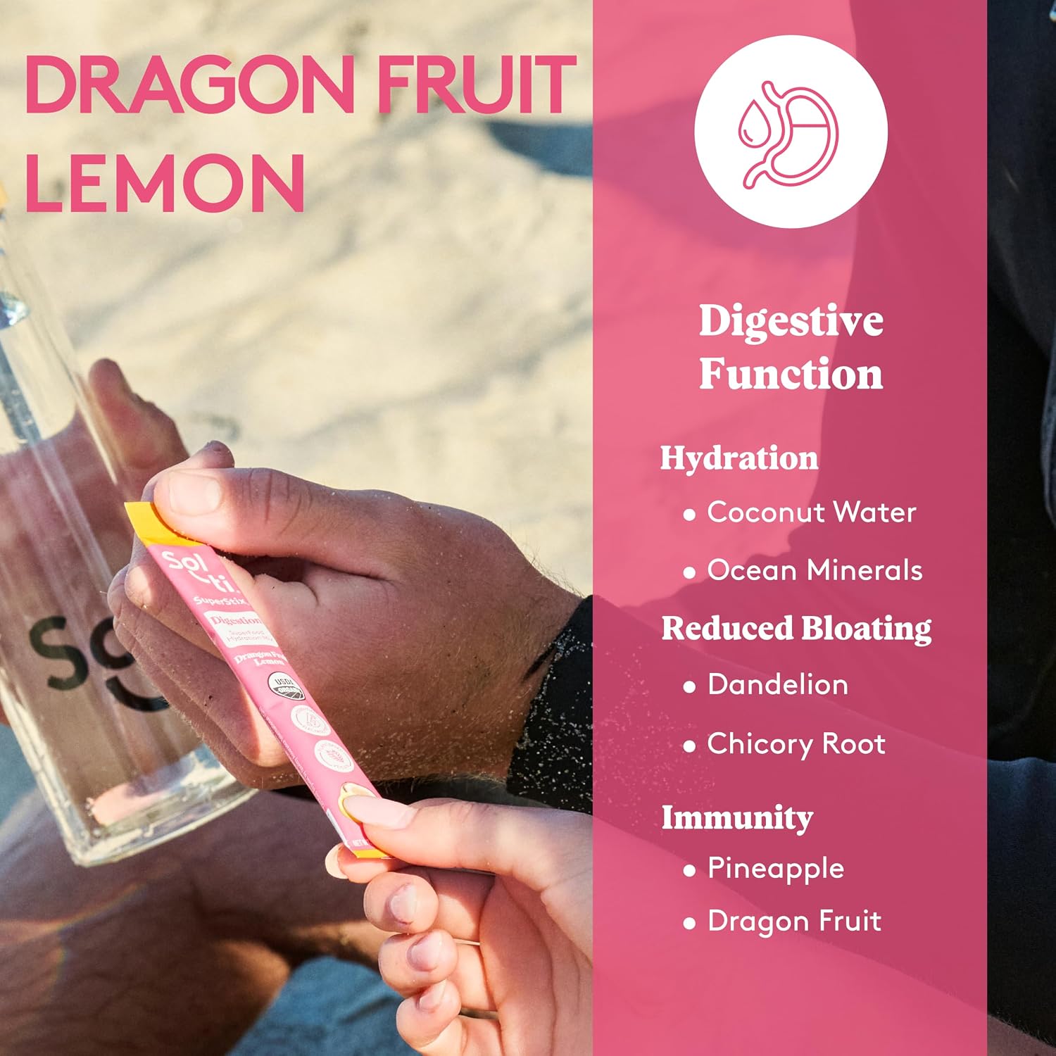 Sol-ti Organic Electrolyte Digestion + Hydration Drink Mix, Superfood Hydration Sticks, SuperStix, Non-GMO, Vegan, Dragon Fruit Lemon, 14 Sticks