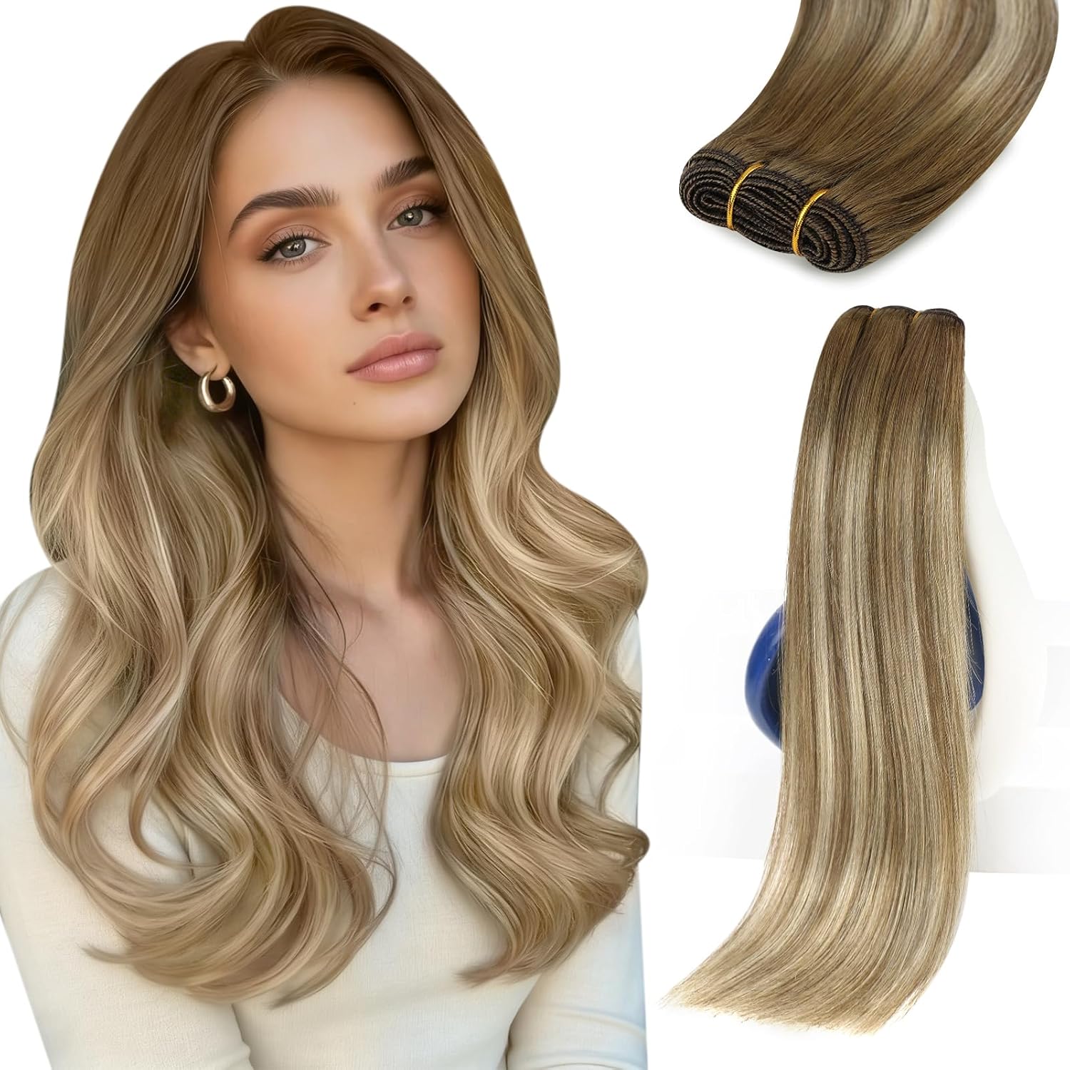 Sunny Hair Weft Hair Extensions Human Hair 22 Inch Sew In Hair Extensions Balayage Double Weft Full Head Medium Brown Ombre Platinum Blonde Long Fuller Hair Can Be Style 100G