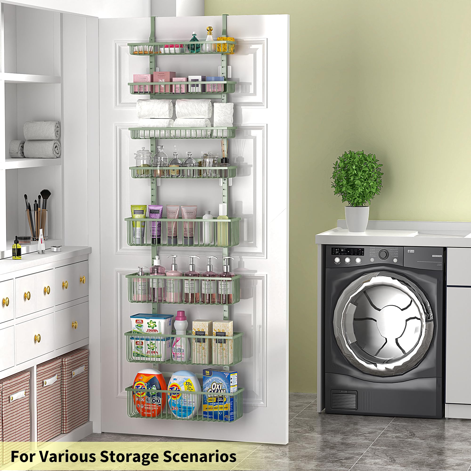 Moforoco Sage Green Over The Door Pantry Organizer, Pantry Door Organizer Shelves, Kitchen Organizers and Storage, Hanging Basket Wall Spice Rack Seasoning Shelves