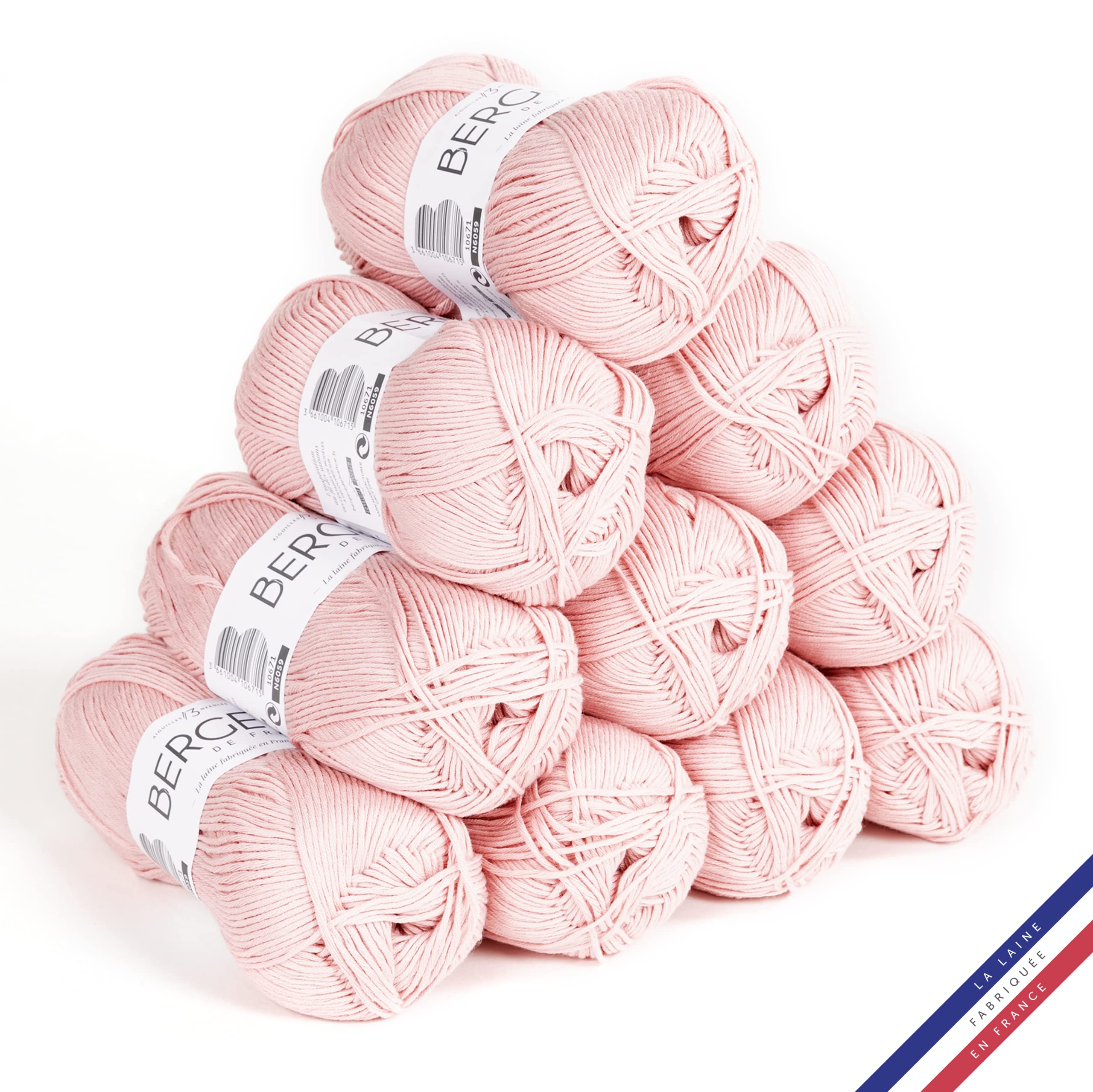 Bergère de France - 100% COTON BIO lot de 10 pelotes de laine à tricoter et crochet (10 x 50g) - 100% Coton biologique - 3 mm - Fabrication Française - Fil rond pour l’été - Rose (Blush)