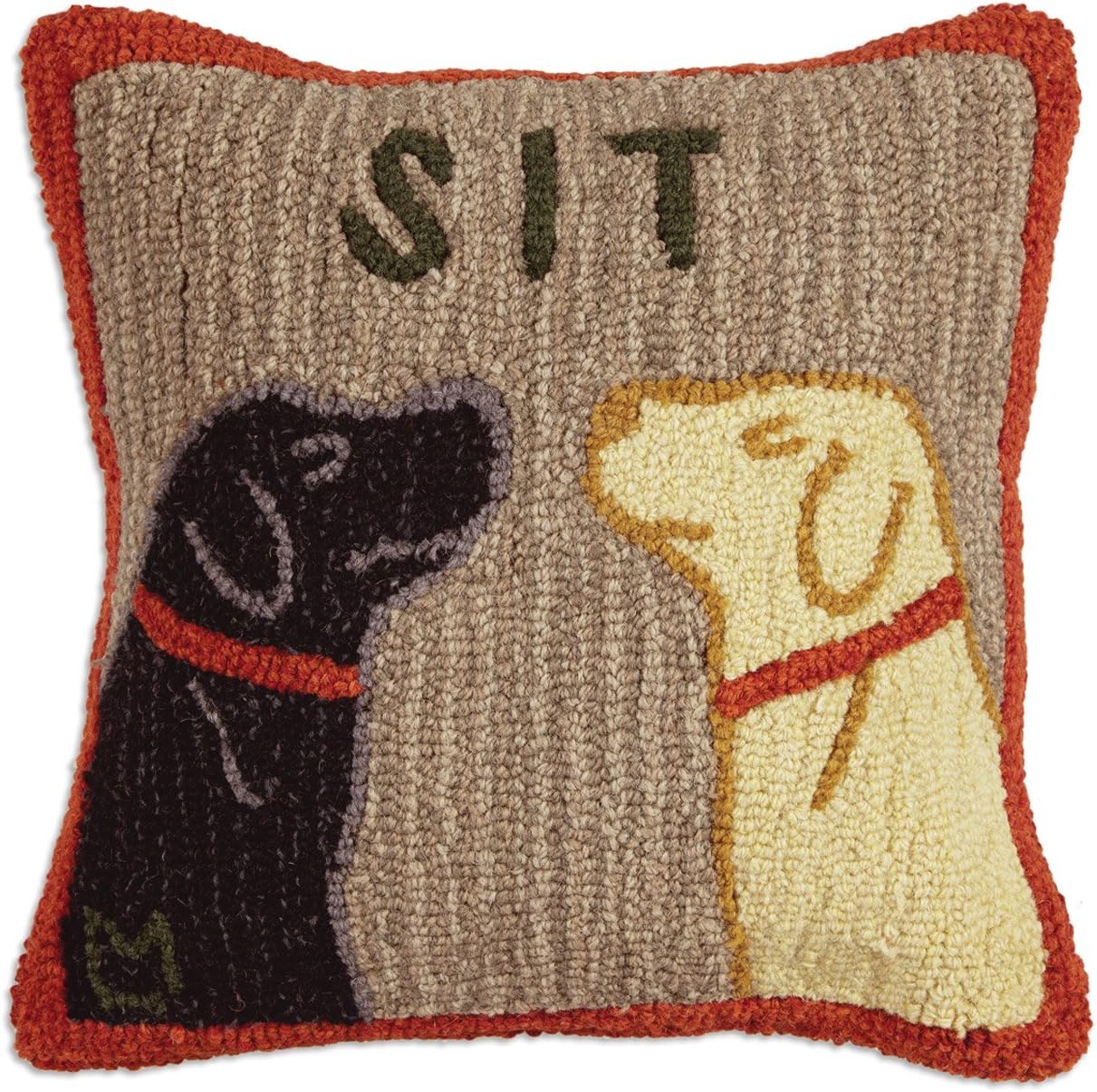 Artist-Designed Two Dogs Sitting Hand-Hooked Wool Decorative Throw Pillow (18 IN x 18 IN) Dog Pillow for Couches & Beds - Easy Care & Low Maintenance- Yellow, Black Lab Throw Pillow