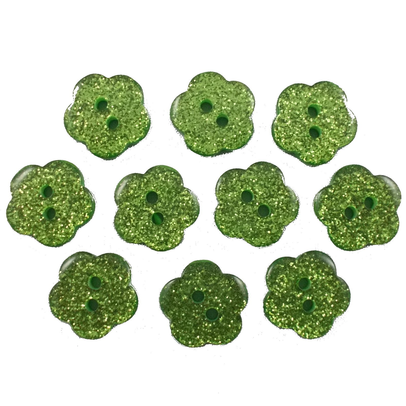 Push The Button Green Colour Glitter Flower Shape Buttons 14Mm Pack Of 10 (Green)