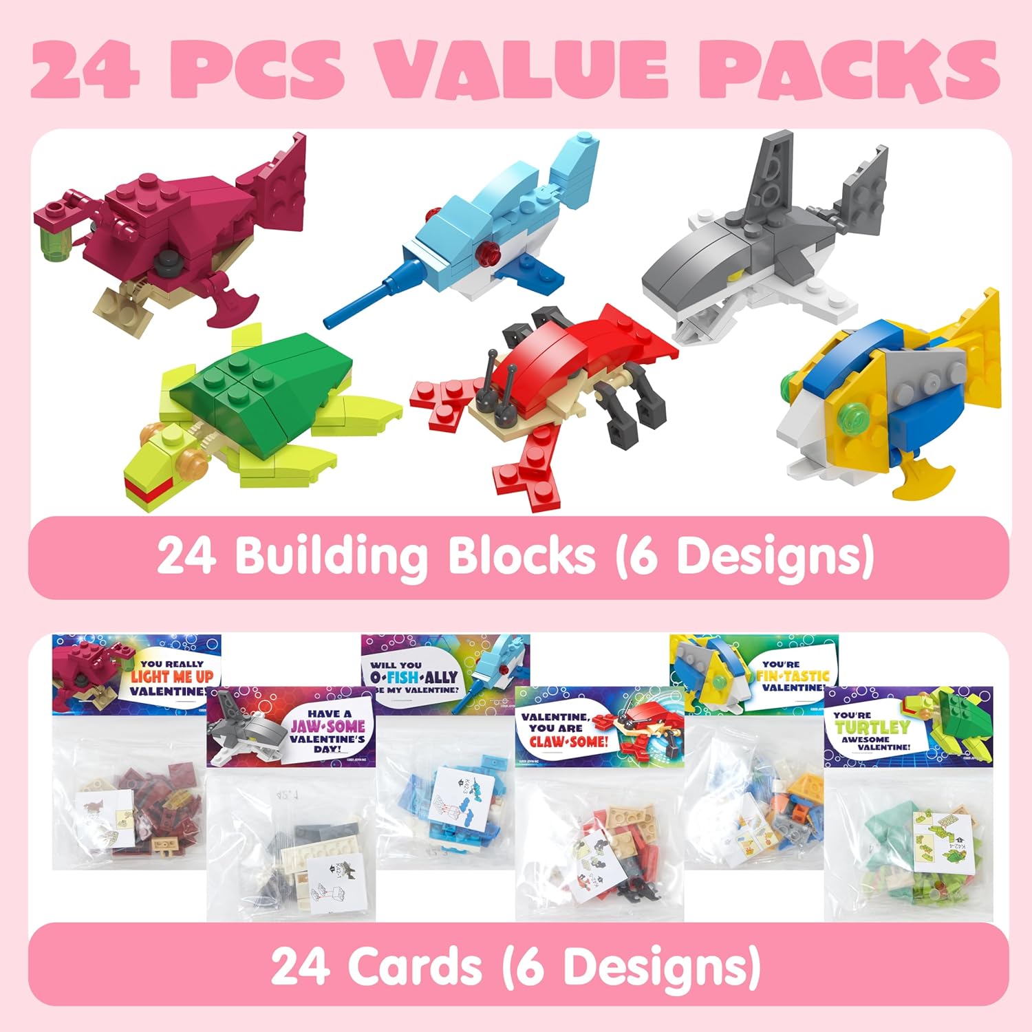 JOYIN 24 Packs Valentines Day Cards with Sea Animal Building Blocks for Gifts Party Favor, Classroom Exchange Prize, Valentine’s Greeting Cards